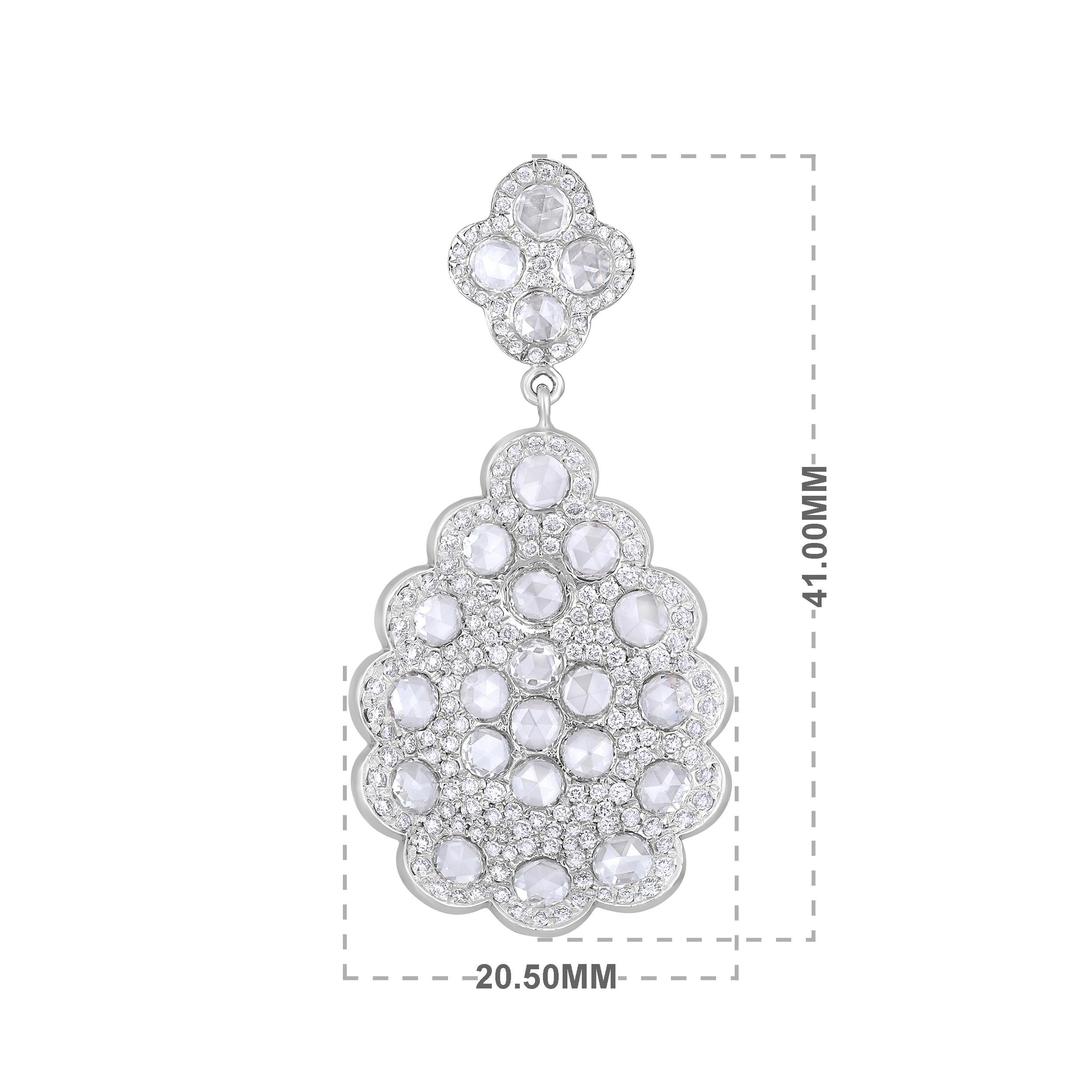 Brilliant Cut Certified 18K Gold 4.3ct Natural Diamond E-VVS Rose-Cut Teardrop Dangle Earrings For Sale