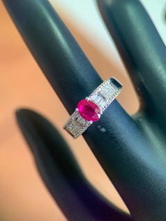 Certified 18K White Gold 1.07ct Oval Myanmar Ruby & 0.20ct Diamond Band Ring