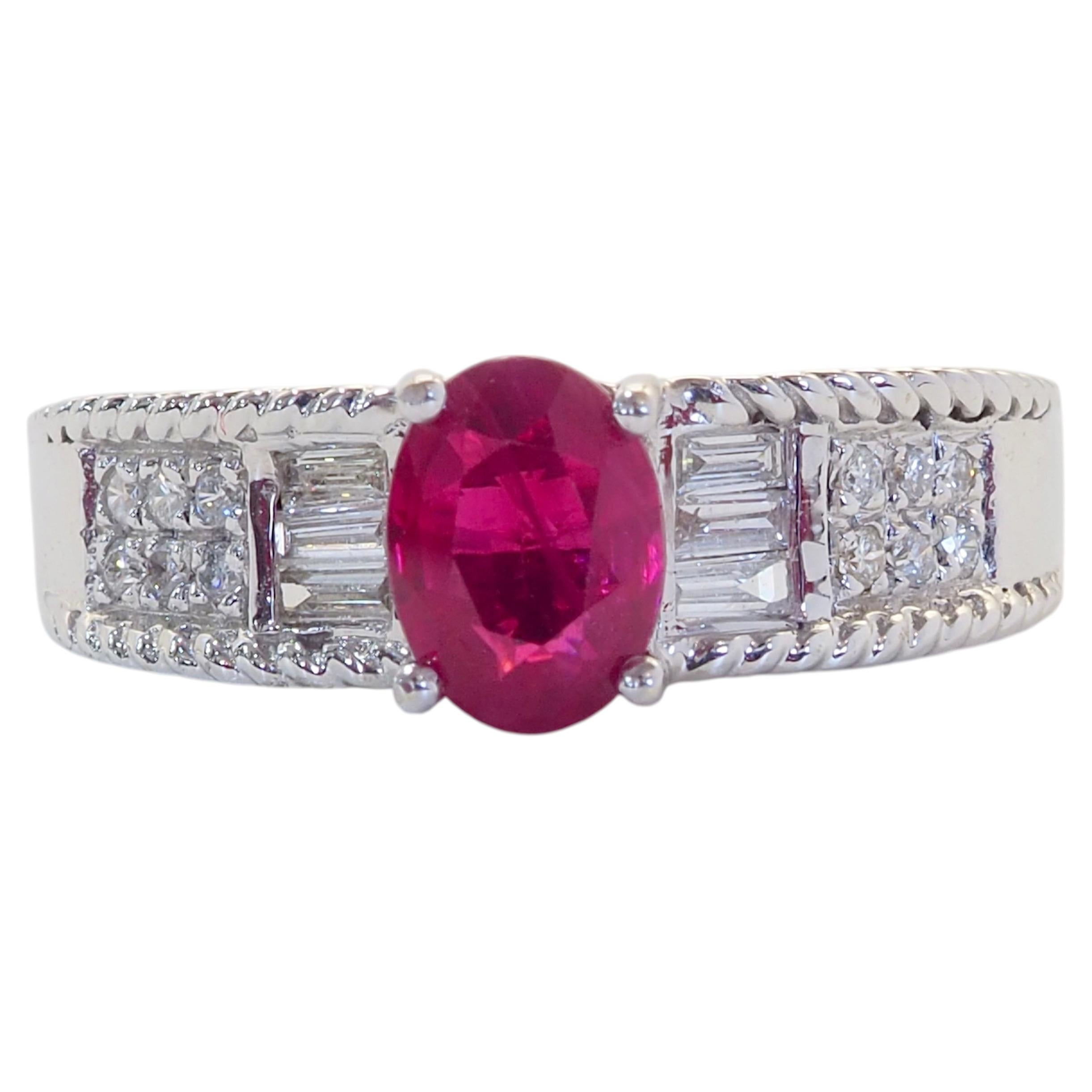 Certified 18K White Gold 1.07ct Oval Myanmar Ruby & 0.20ct Diamond Band Ring