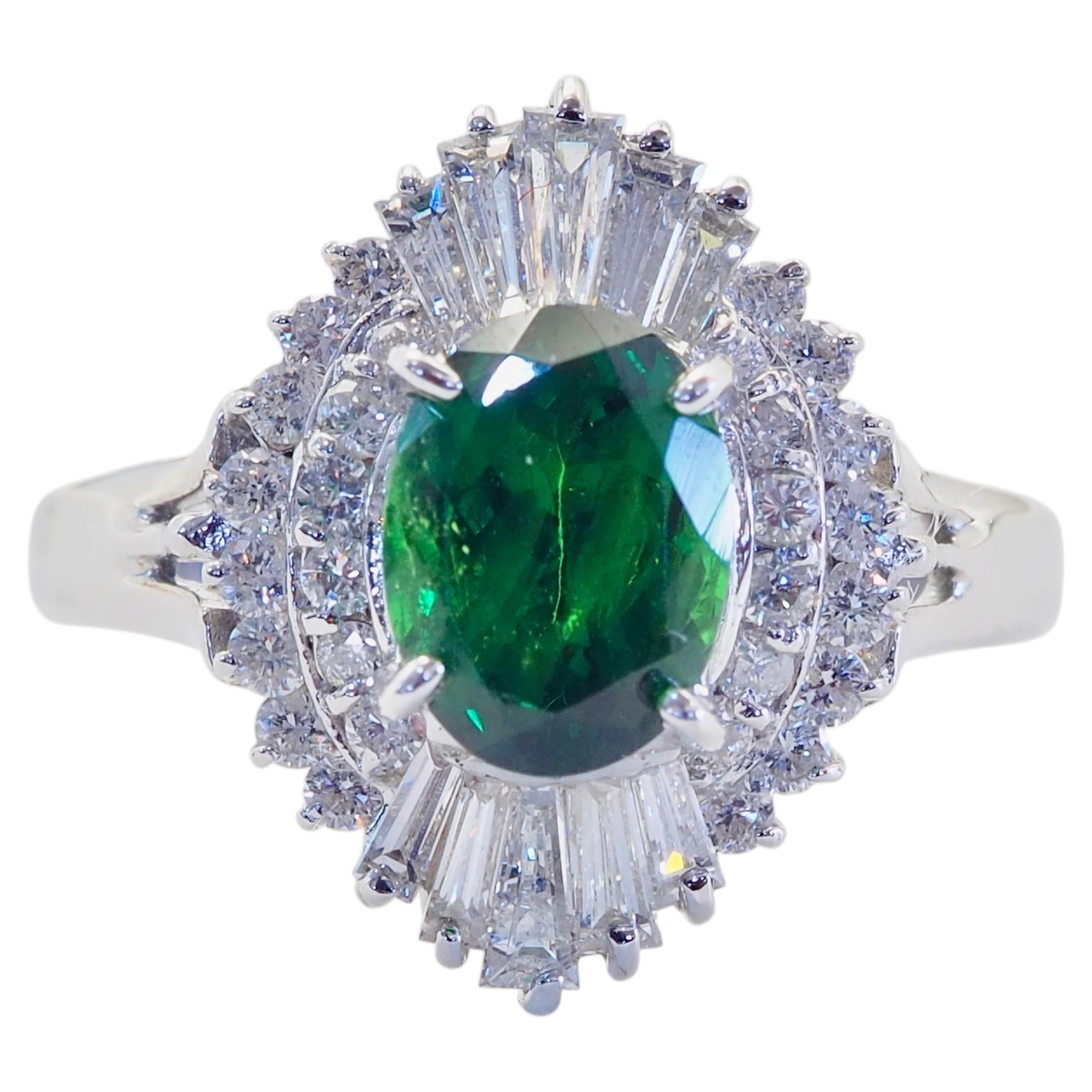 Anello "Ballerina" in oro bianco 18 carati certificato, con tsavorite ovale da 1,51 carati e diamante da 0,62 carati