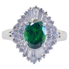 Certified 18K White Gold 1.51ct Oval Tsavorite & 0.62ct Diamond Ballerina Ring