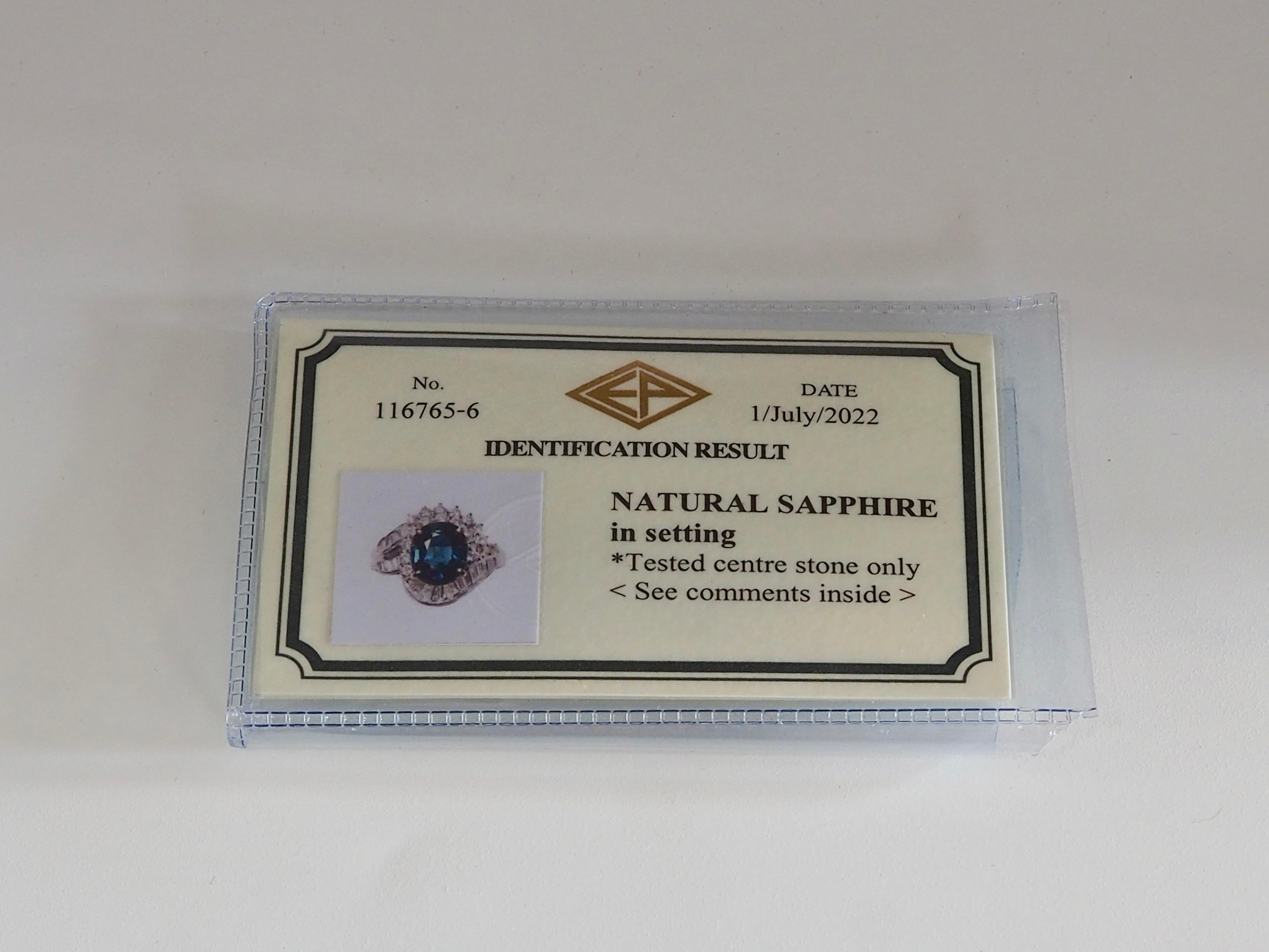Anello certificato in oro bianco 18 carati con zaffiro thailandese da 2,80 carati e diamante da 0,88 carati in vendita 5