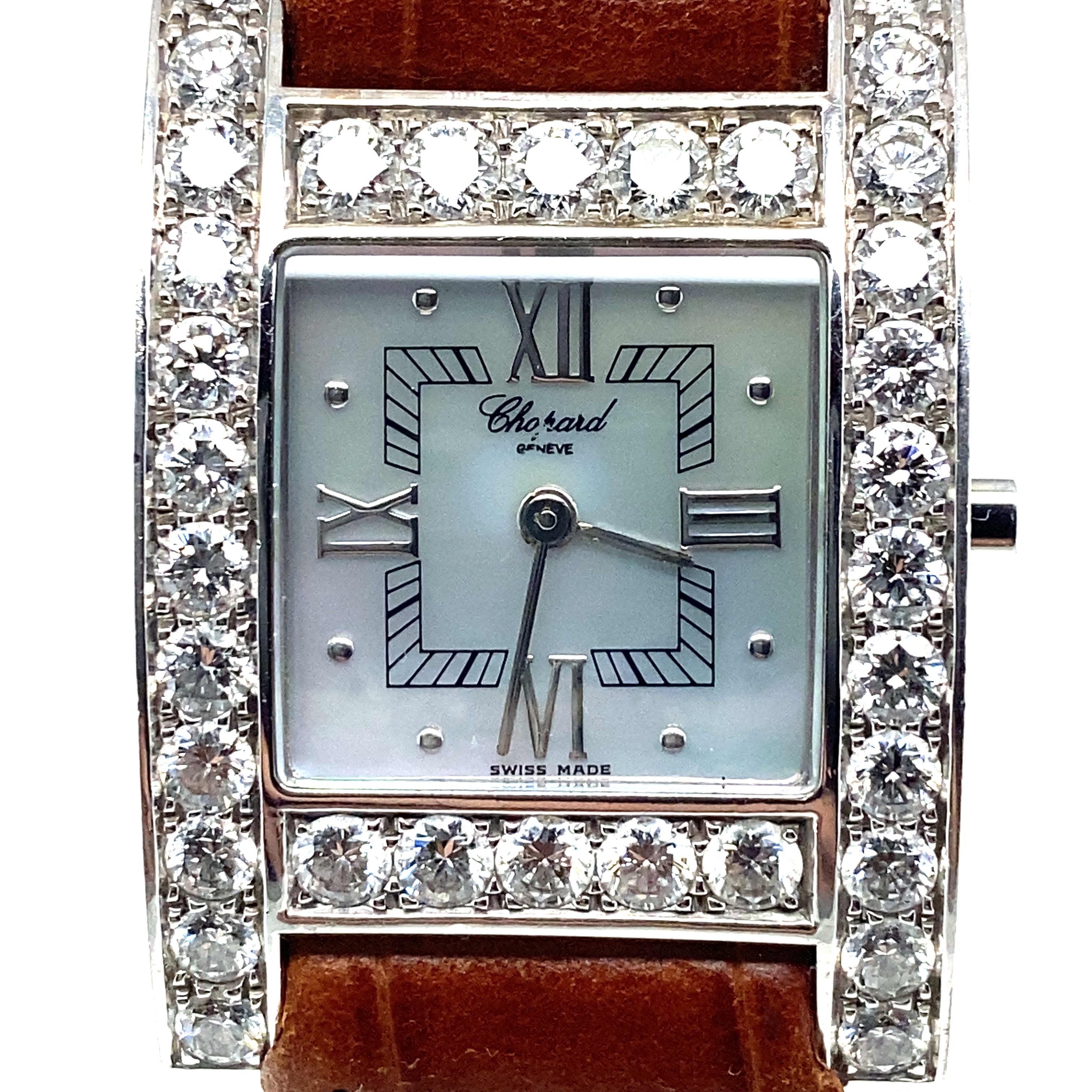 Certified 18k White Gold 3 Carat Diamond Chopard Mother of Pearl H Series Watch In Excellent Condition In Las Vegas, NV
