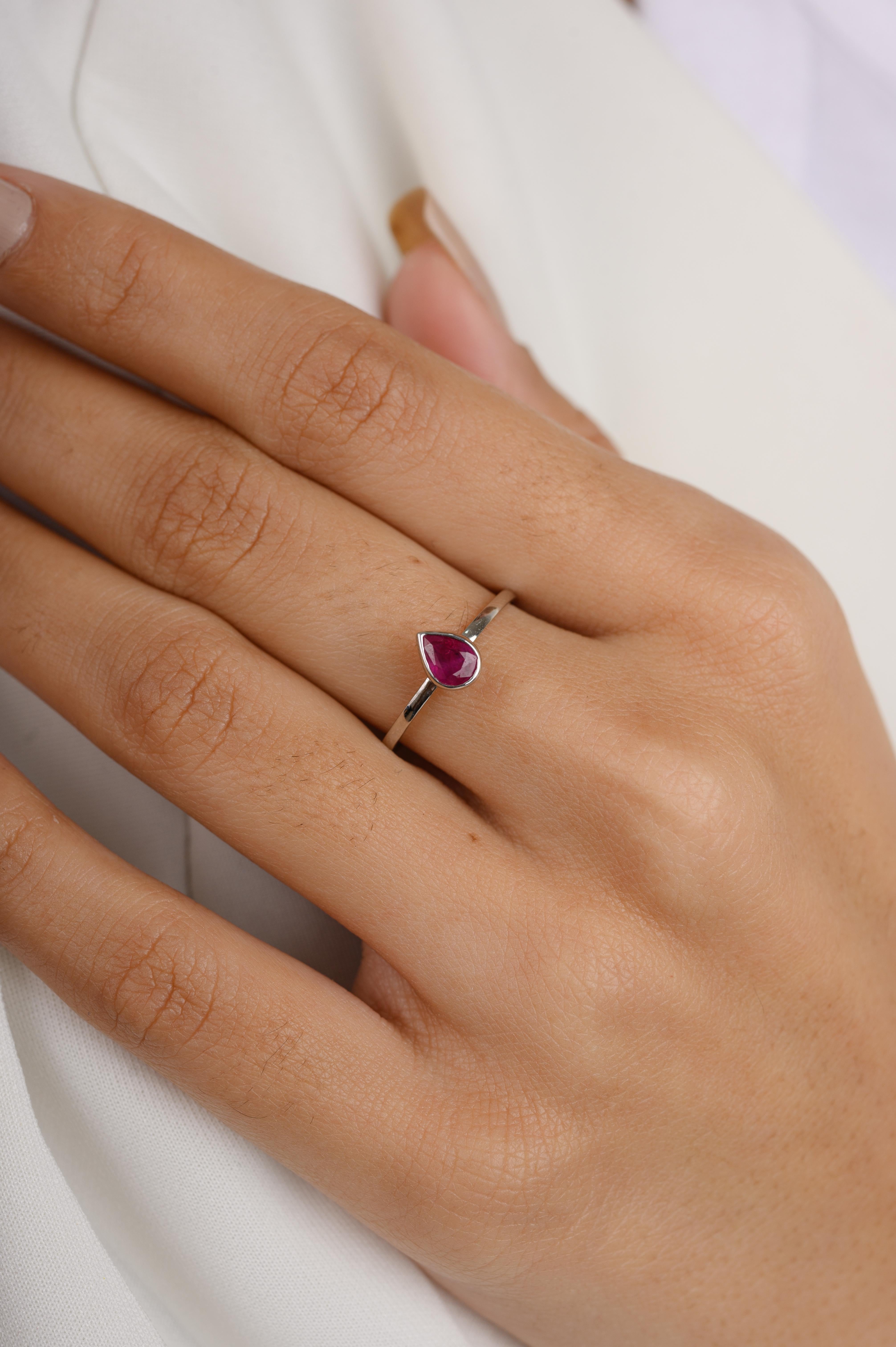For Sale:  Solid 18k White Gold Dainty Pear Ruby Solitaire Ring for Her 2