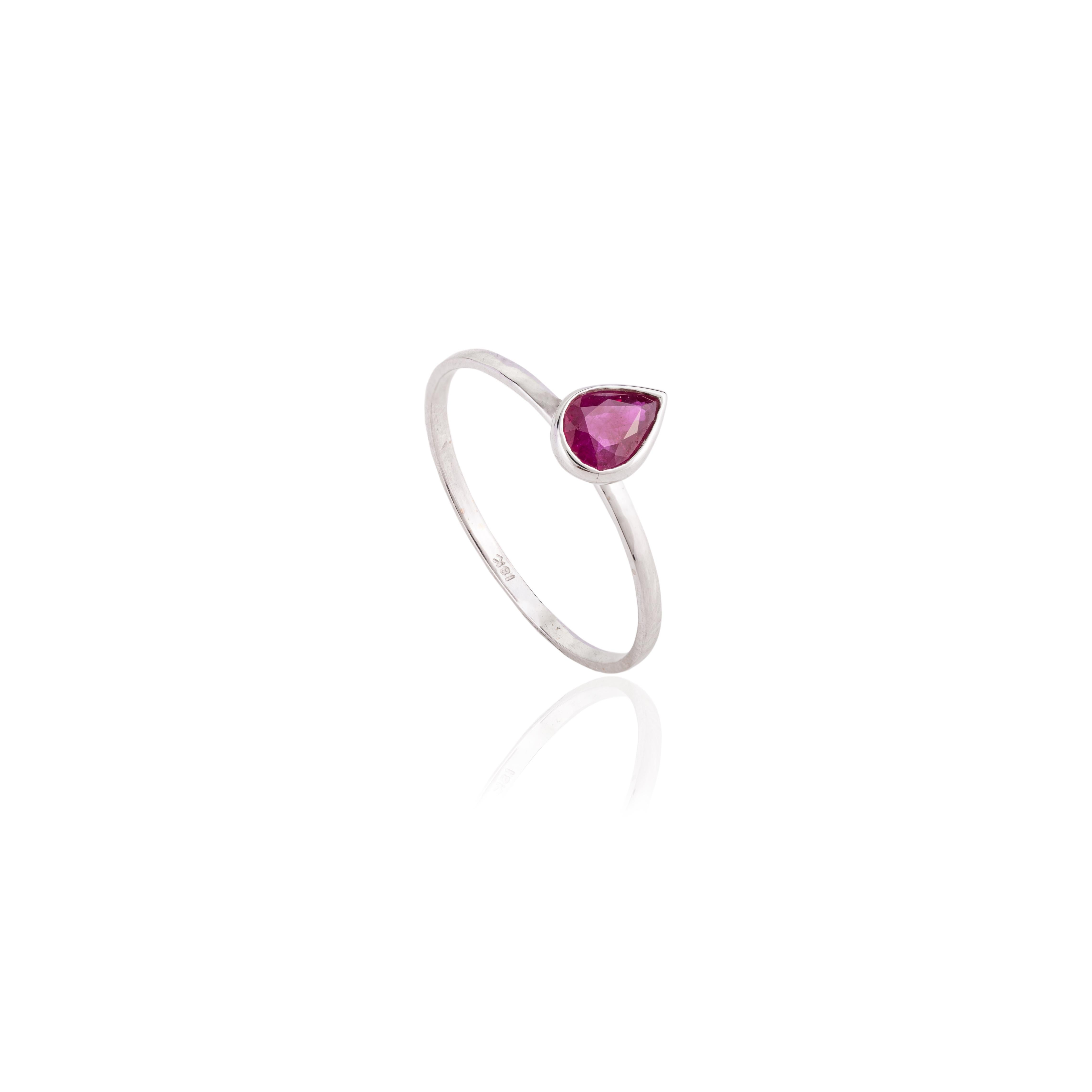 For Sale:  Solid 18k White Gold Dainty Pear Ruby Solitaire Ring for Her 7