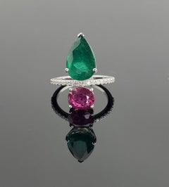 Certified 18K White Gold Emerald and Ruby Double-Stone Cocktail Ring