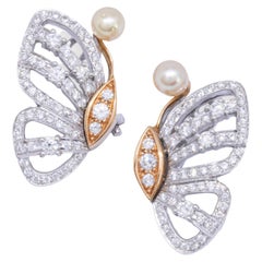 Certified 18k White & Yellow Gold Butterfly Stud Earrings w/ Pearls & Diamonds