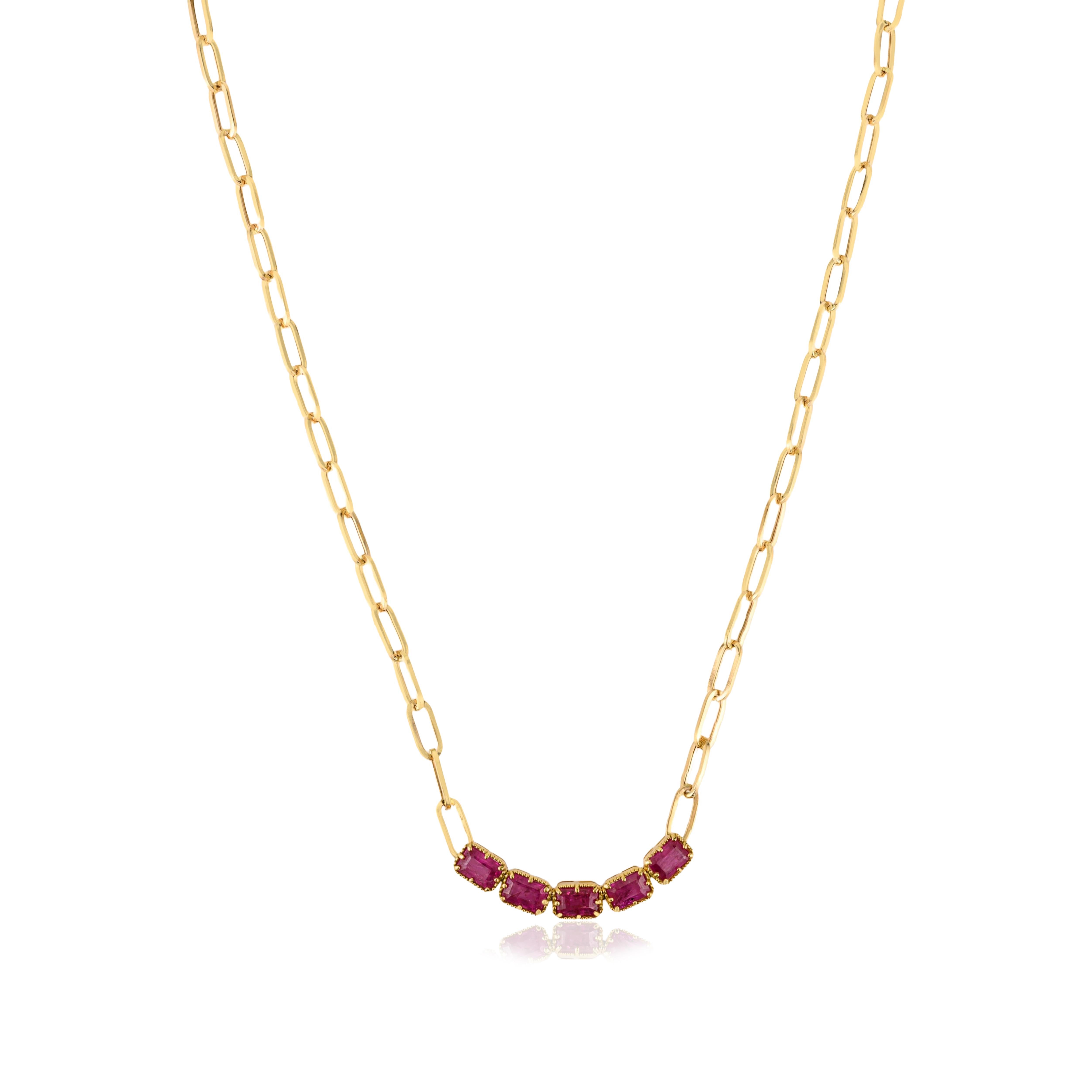 Collier en or jaune 18K certifié avec une chaîne en forme de trombone et un rubis naturel de 1,34 ct. en vente 4
