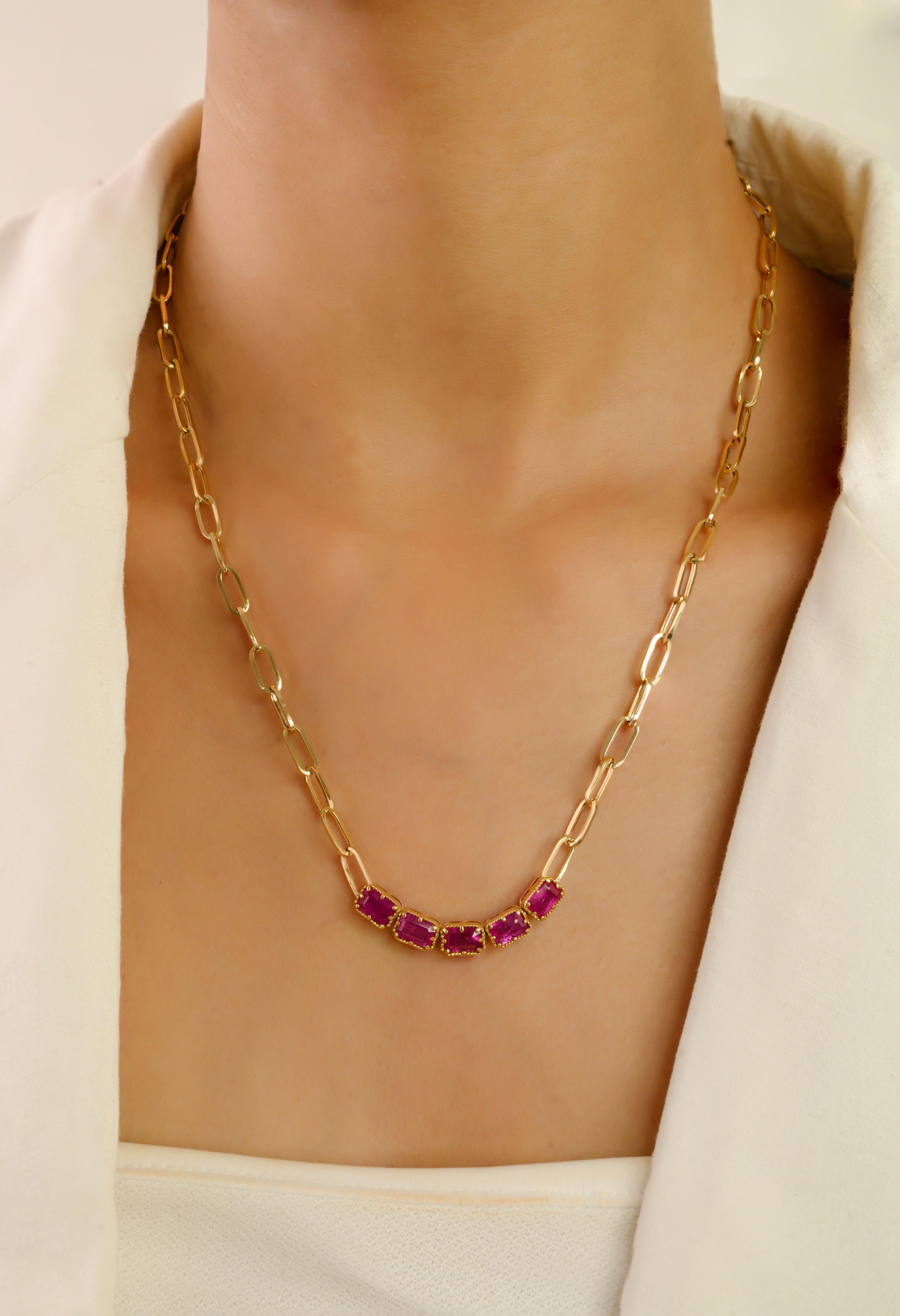 Taille octogone Collier en or jaune 18K certifié avec une chaîne en forme de trombone et un rubis naturel de 1,34 ct. en vente