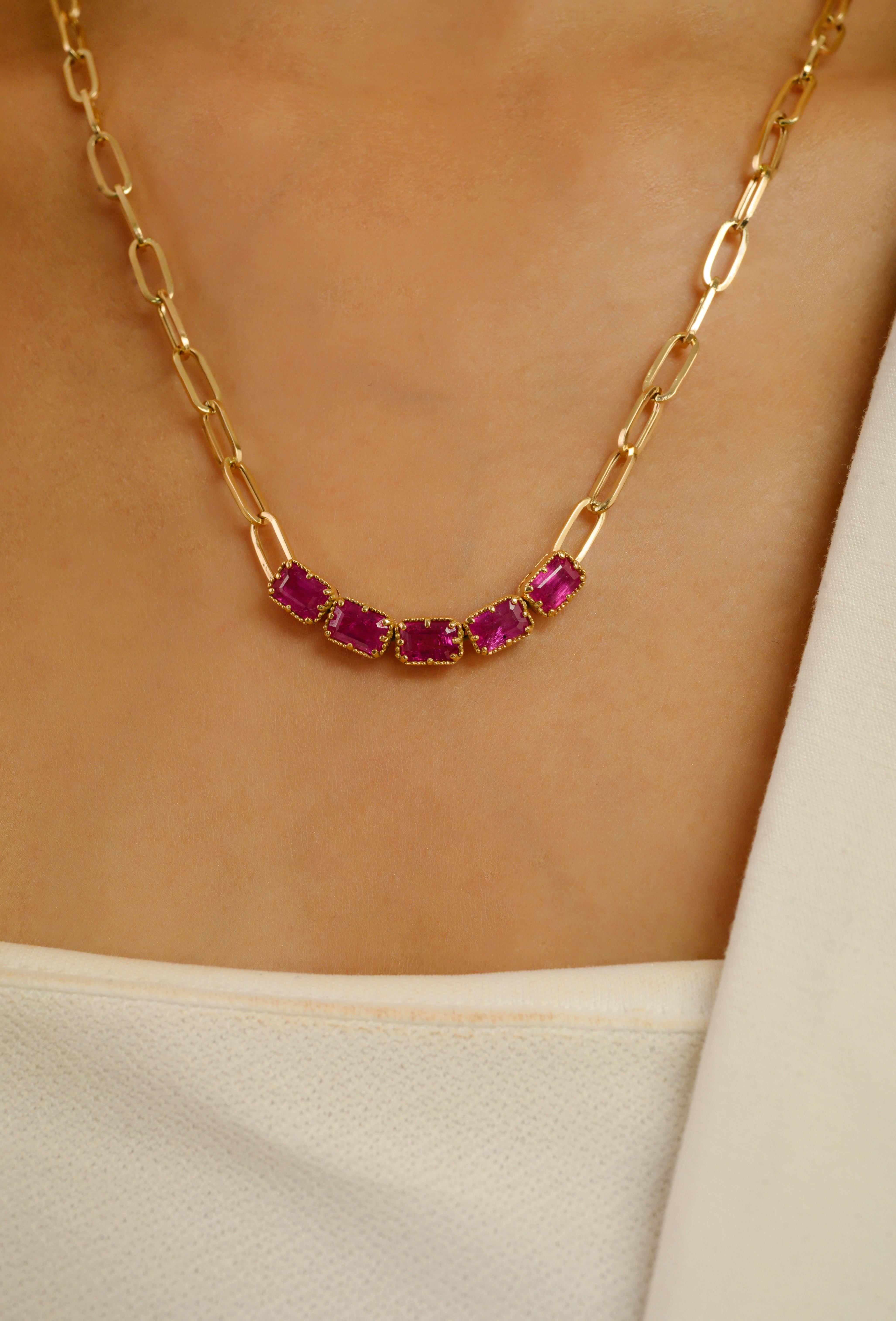 Collier en or jaune 18K certifié avec une chaîne en forme de trombone et un rubis naturel de 1,34 ct. Pour femmes en vente