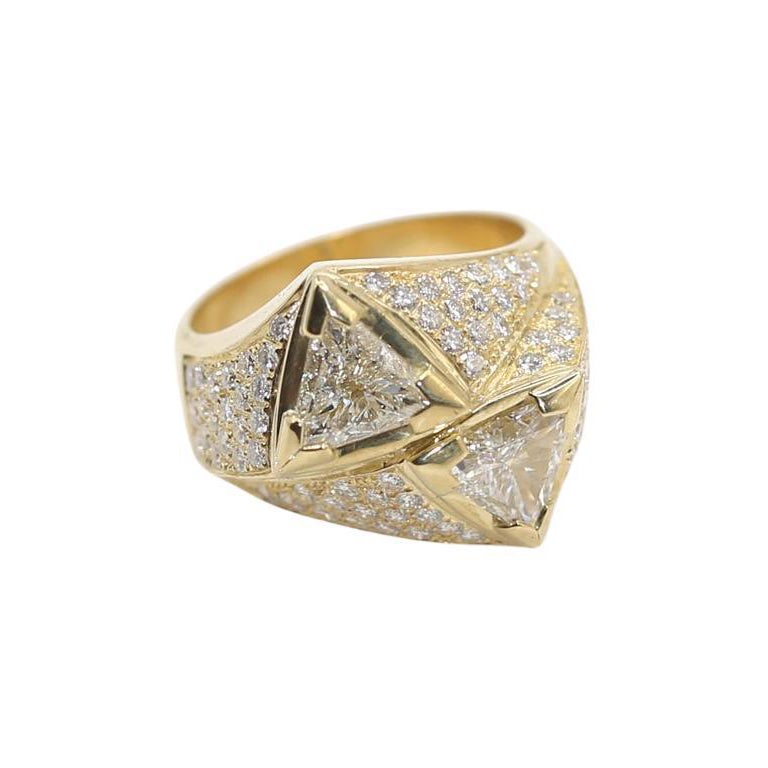 Certified 18K Yellow Gold Diamond Cocktail Ring, 3.7 Ct, 1990 For Sale