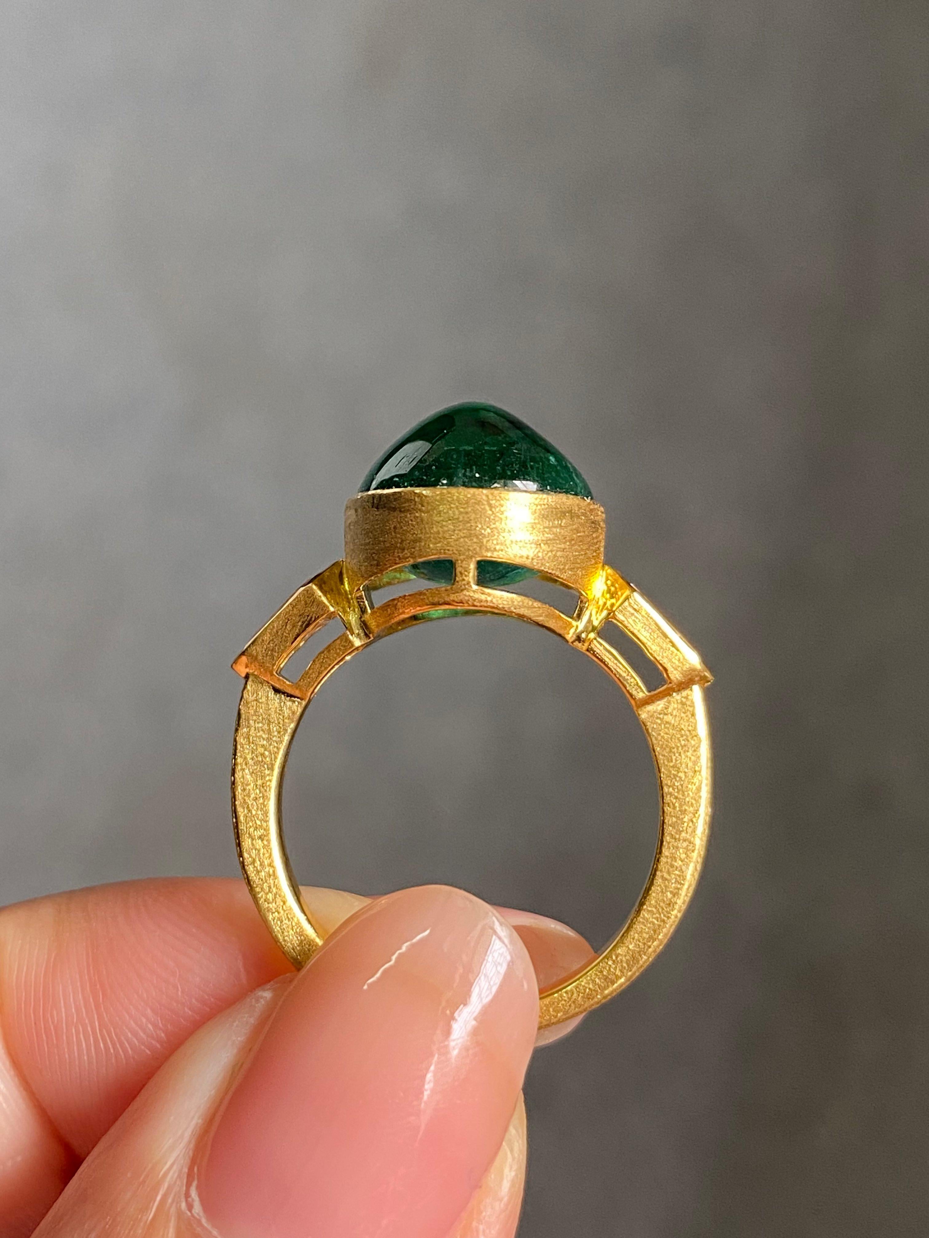 Certified 18K Yellow Gold Matt Finish Emerald Cabochon & Diamond Engagement Ring For Sale 3