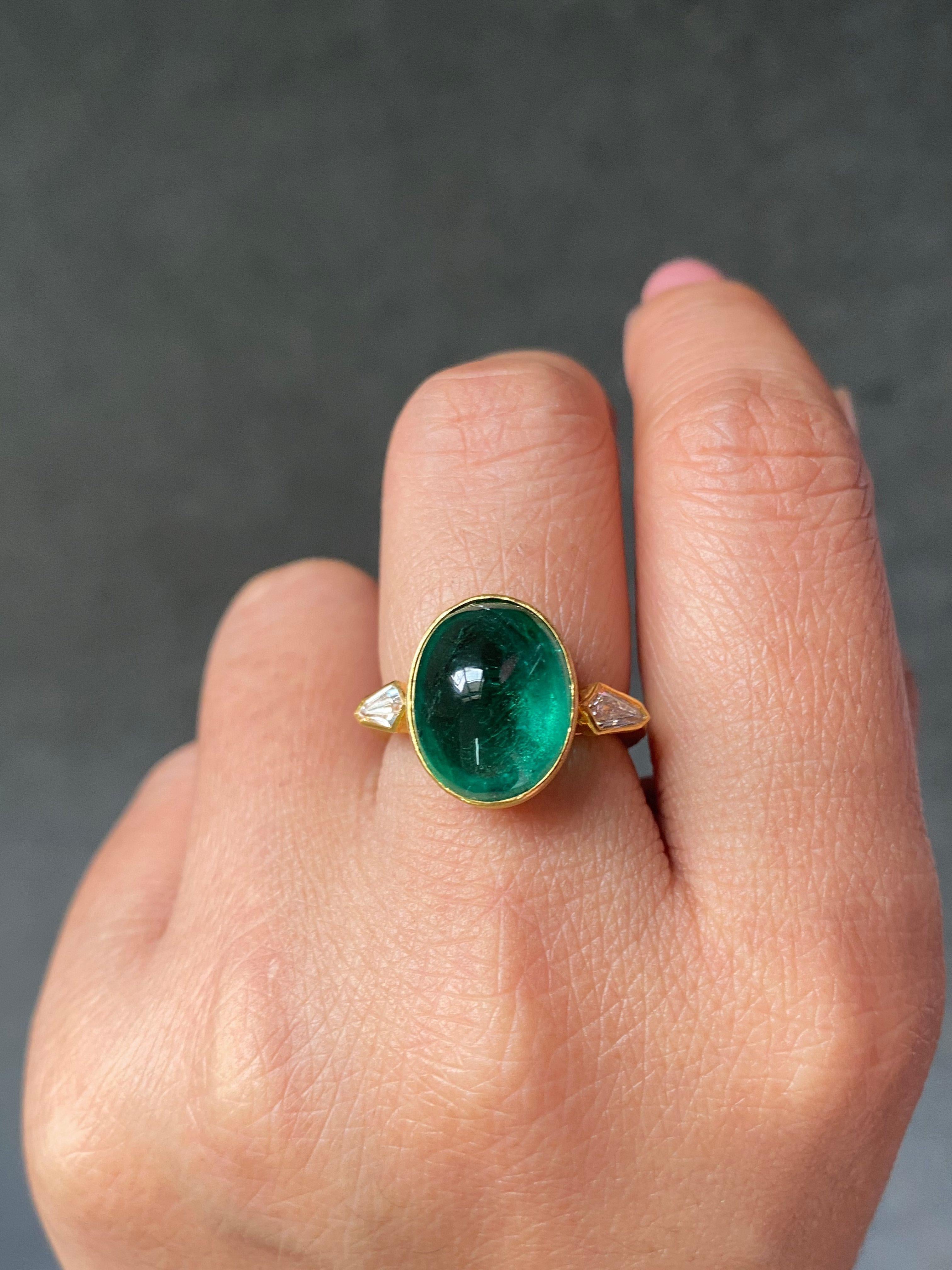 Certified 18K Yellow Gold Matt Finish Emerald Cabochon & Diamond Engagement Ring For Sale 9