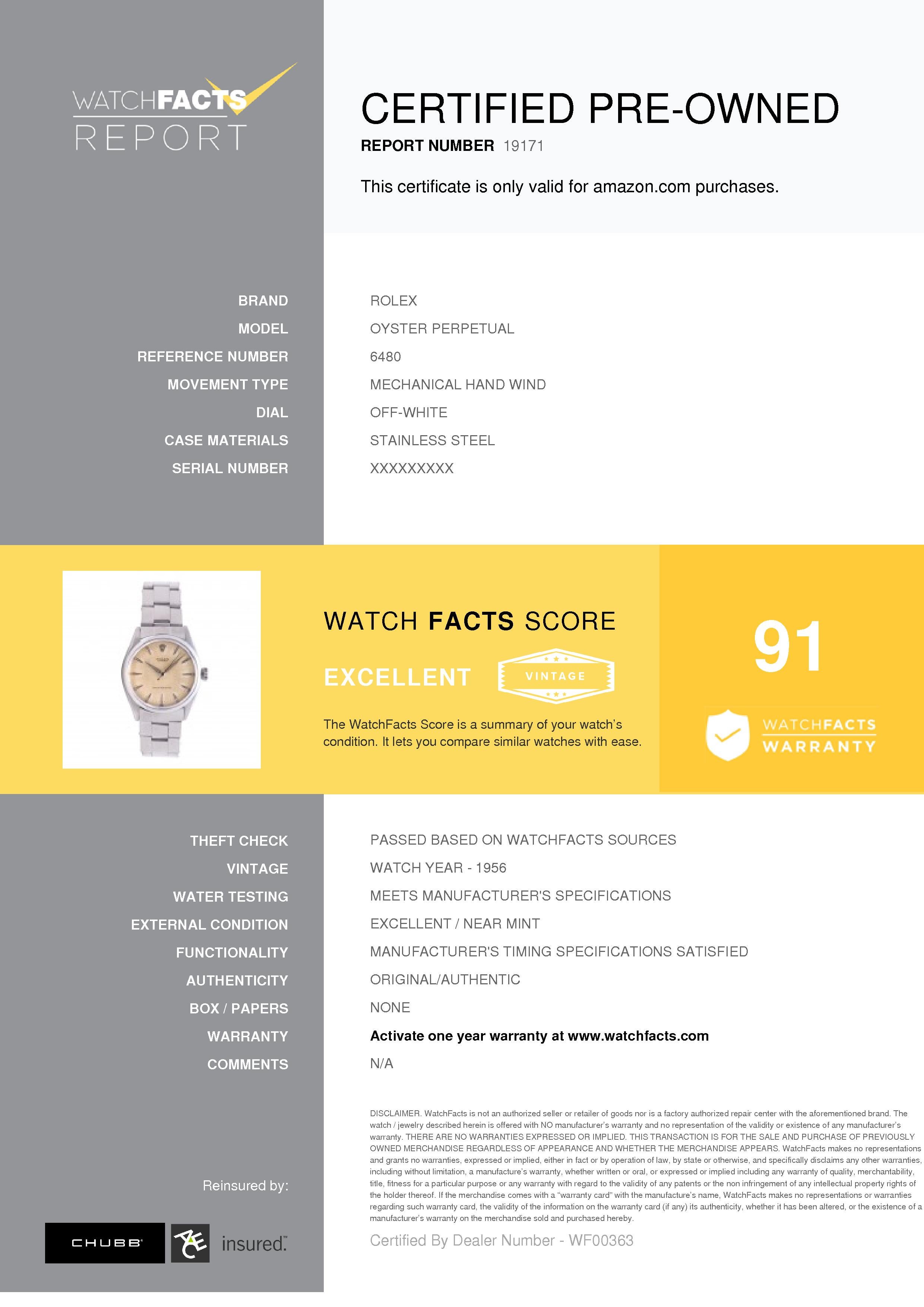 Certified 1956 Rolex Precision 6480 Off-White Dial In Good Condition For Sale In Miami, FL