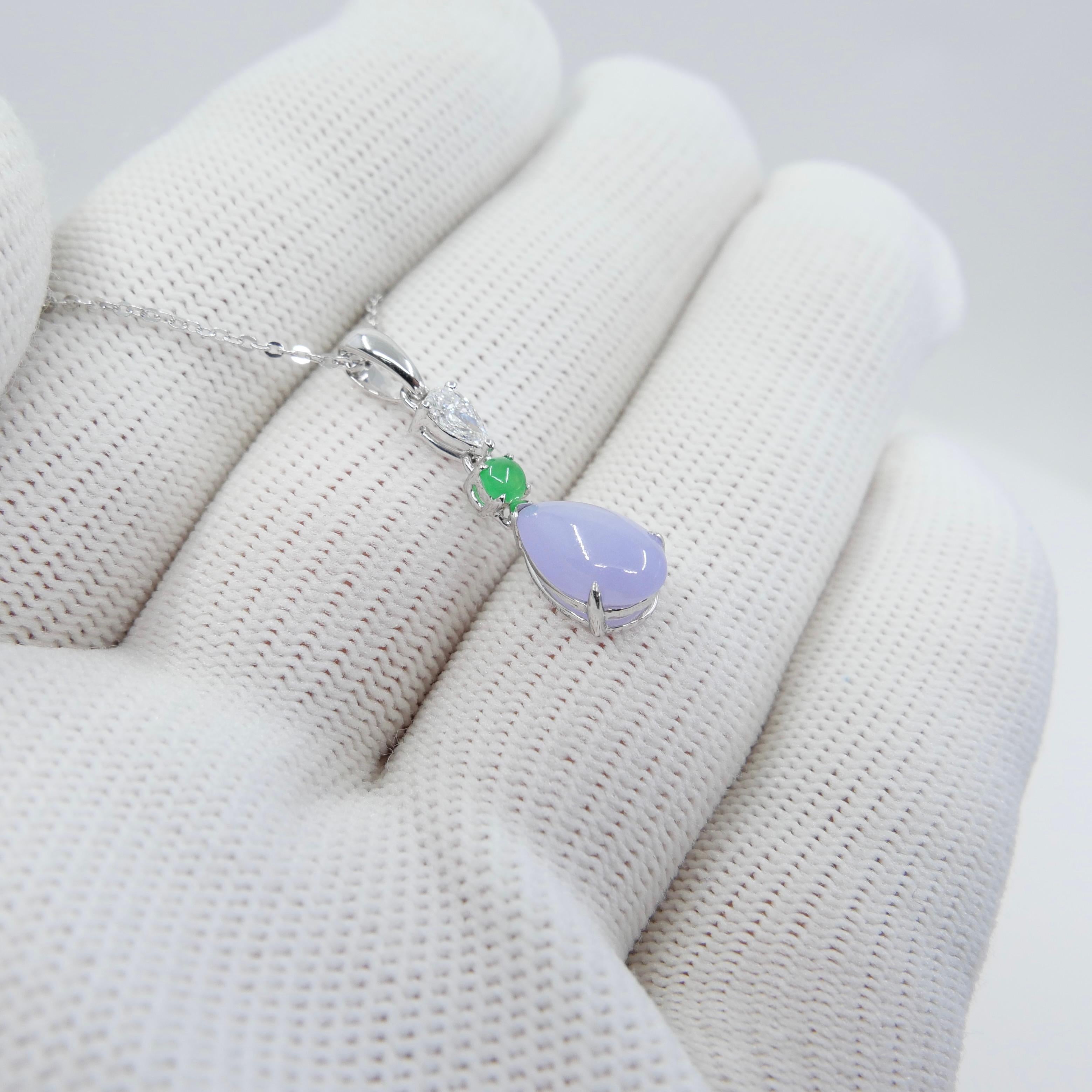 Certified 1.95 Carats Lavender Jade & Pear Cut Diamond Drop Pendant Necklace For Sale 5