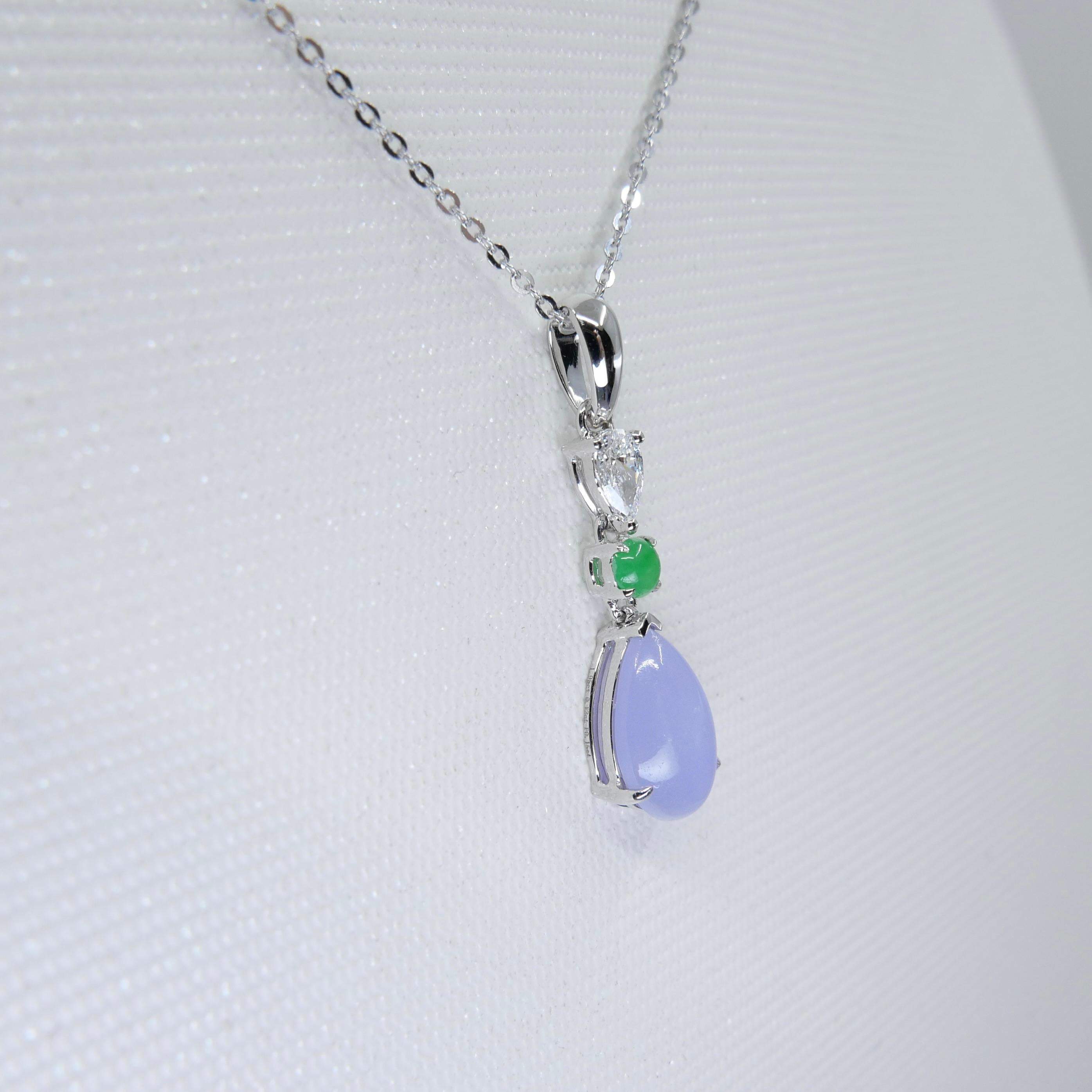 Certified 1.95 Carats Lavender Jade & Pear Cut Diamond Drop Pendant Necklace For Sale 6