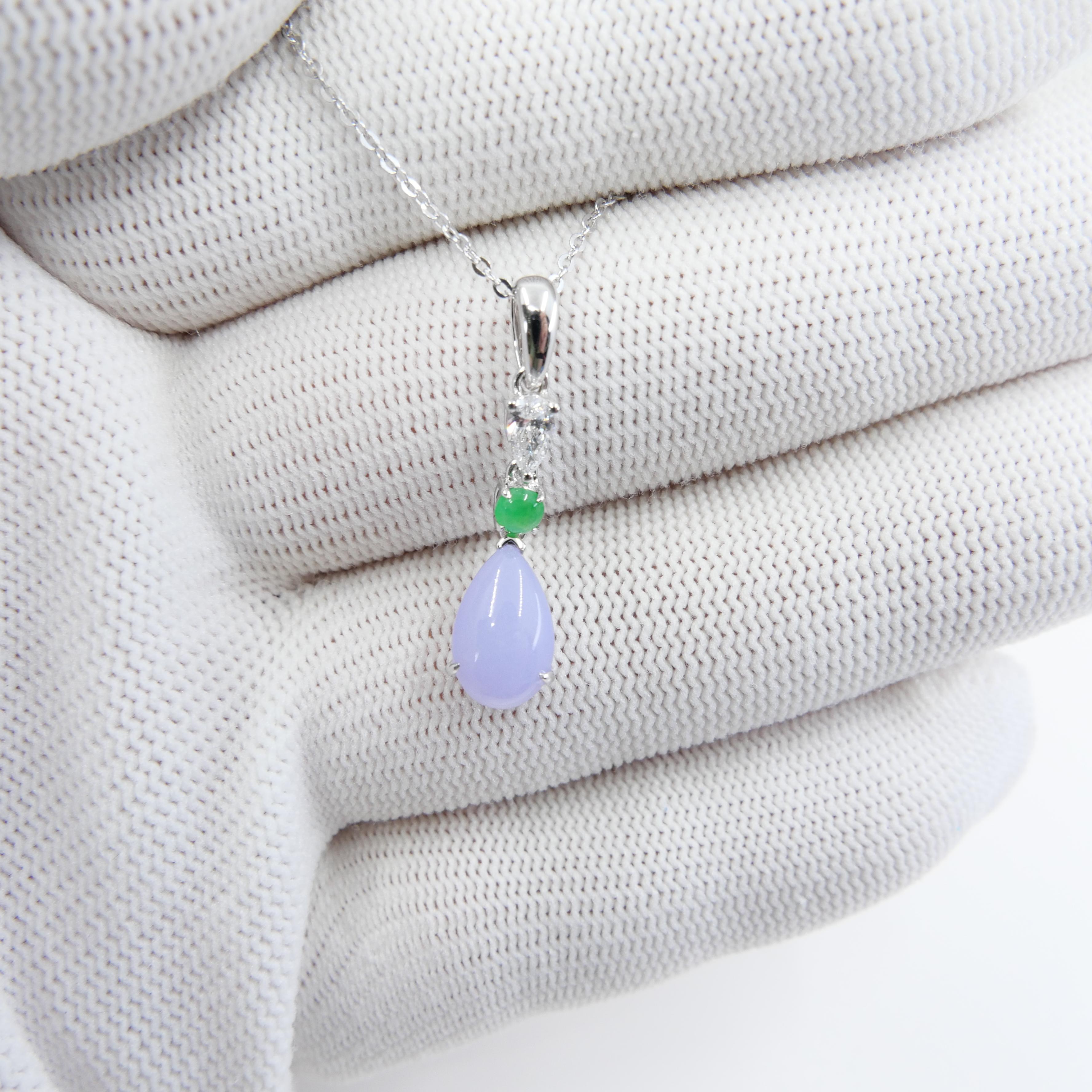 Certified 1.95 Carats Lavender Jade & Pear Cut Diamond Drop Pendant Necklace For Sale 7