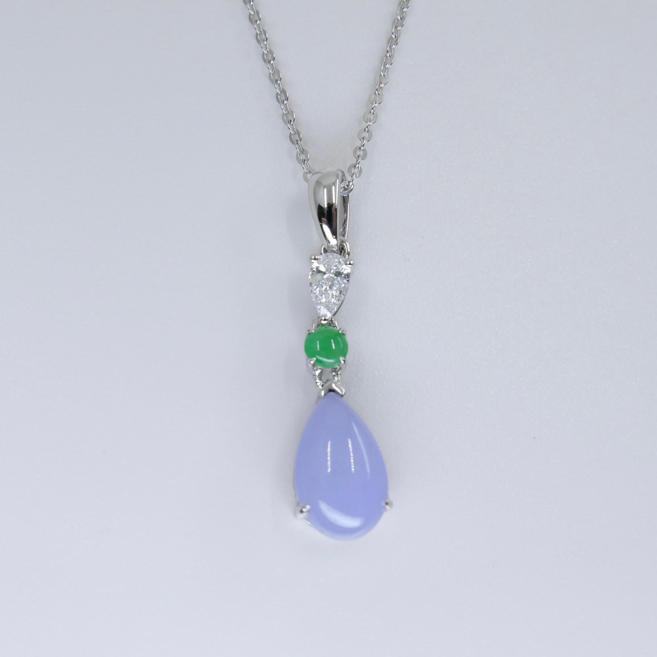 Certified 1.95 Carats Lavender Jade & Pear Cut Diamond Drop Pendant Necklace For Sale 8