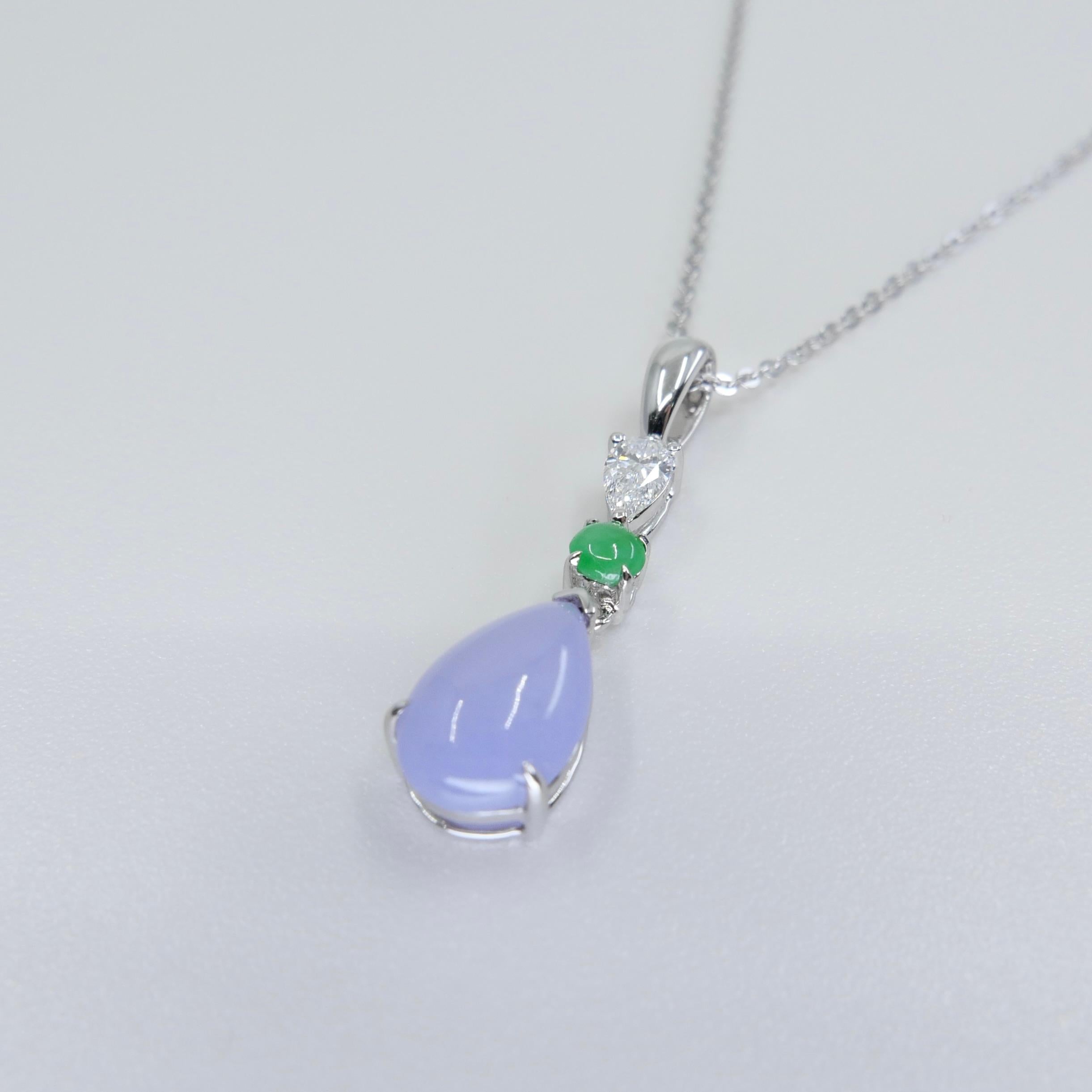 Certified 1.95 Carats Lavender Jade & Pear Cut Diamond Drop Pendant Necklace For Sale 9