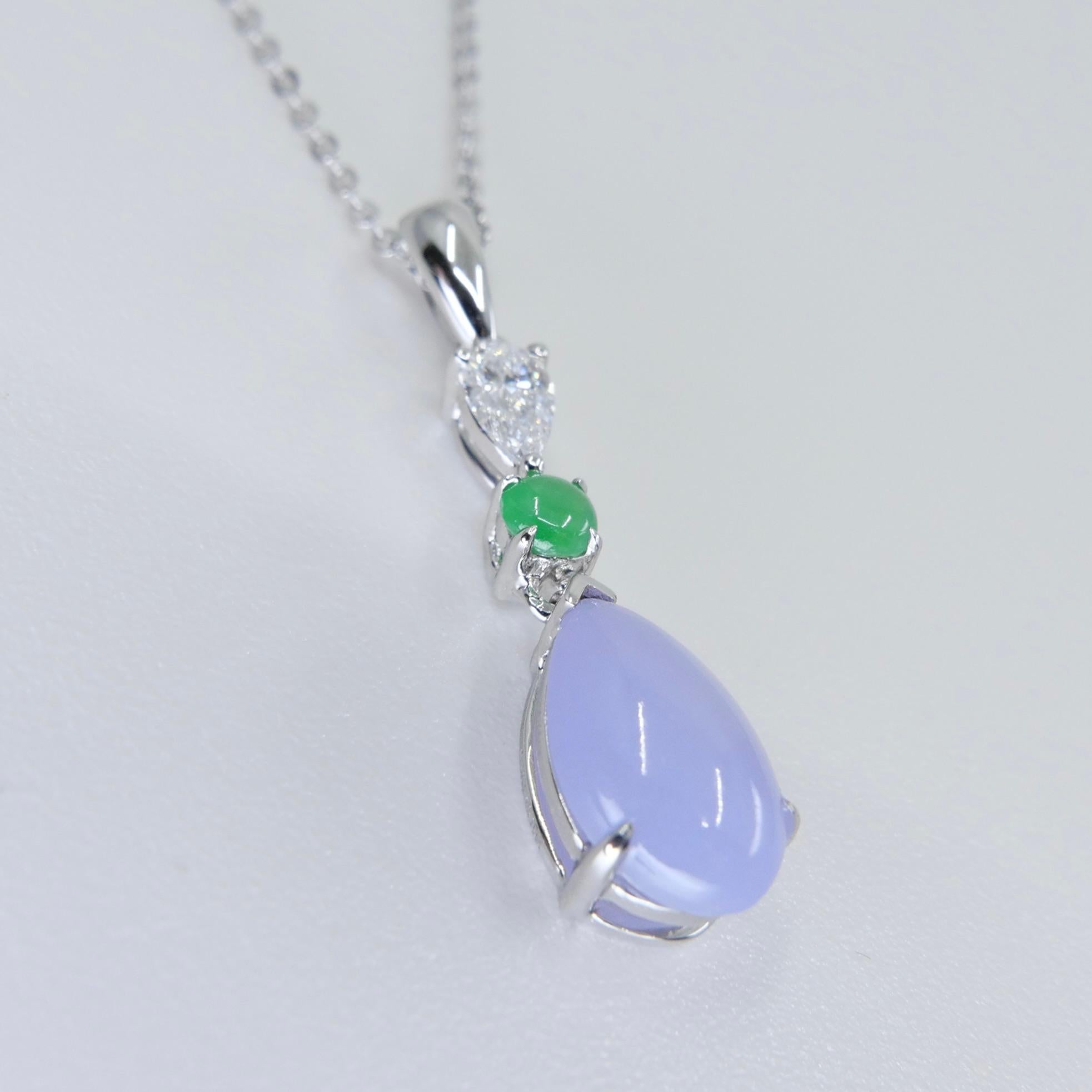 Women's Certified 1.95 Carats Lavender Jade & Pear Cut Diamond Drop Pendant Necklace For Sale