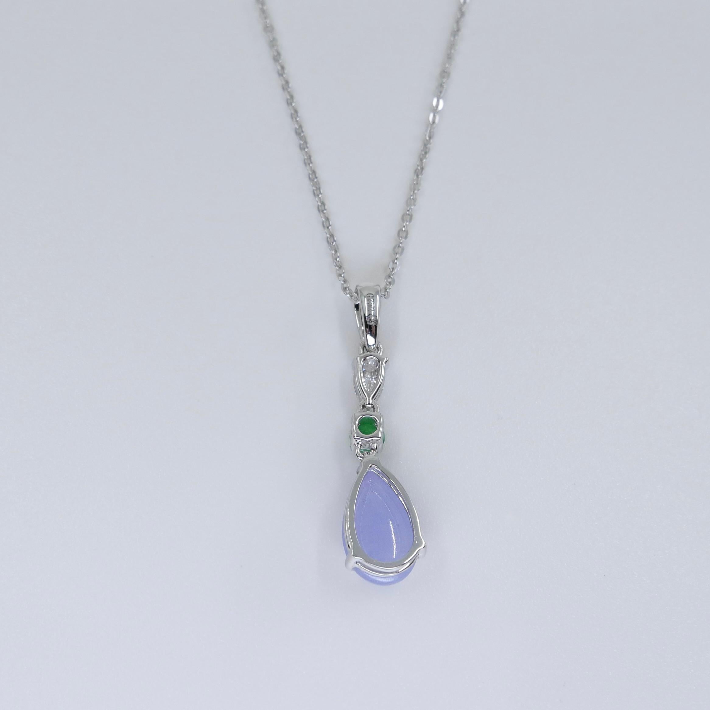 Certified 1.95 Carats Lavender Jade & Pear Cut Diamond Drop Pendant Necklace For Sale 1
