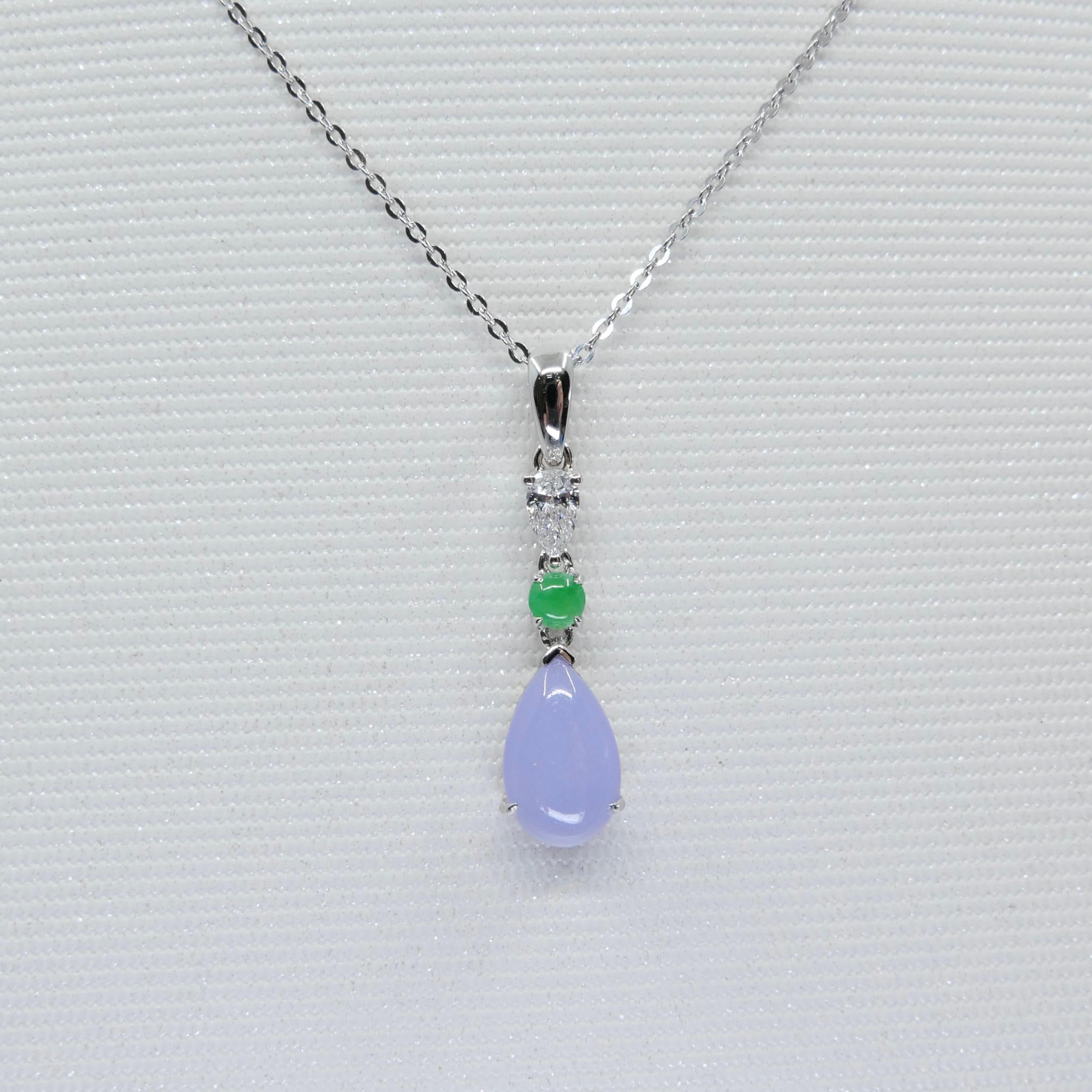Certified 1.95 Carats Lavender Jade & Pear Cut Diamond Drop Pendant Necklace For Sale 2