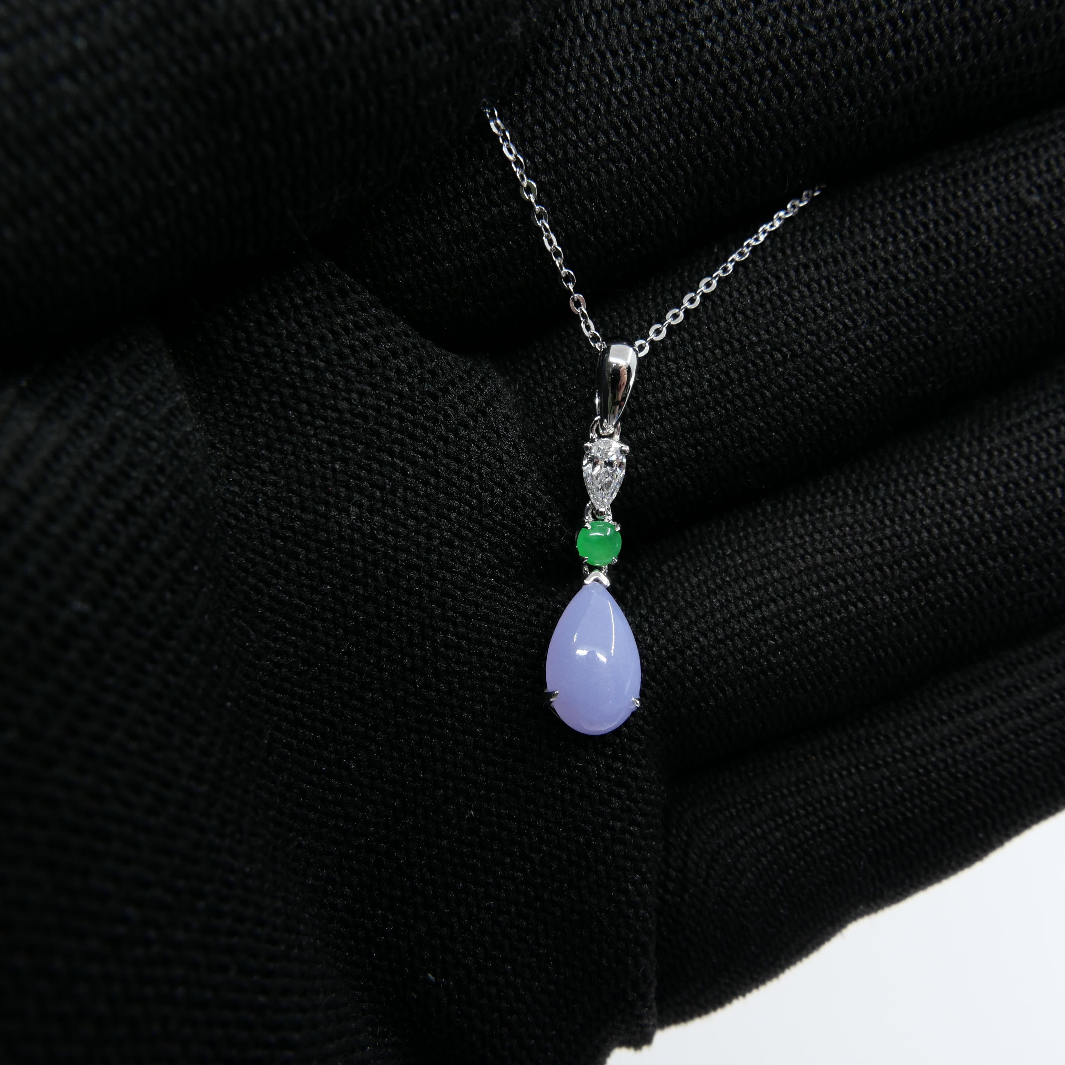 Certified 1.95 Carats Lavender Jade & Pear Cut Diamond Drop Pendant Necklace For Sale 3