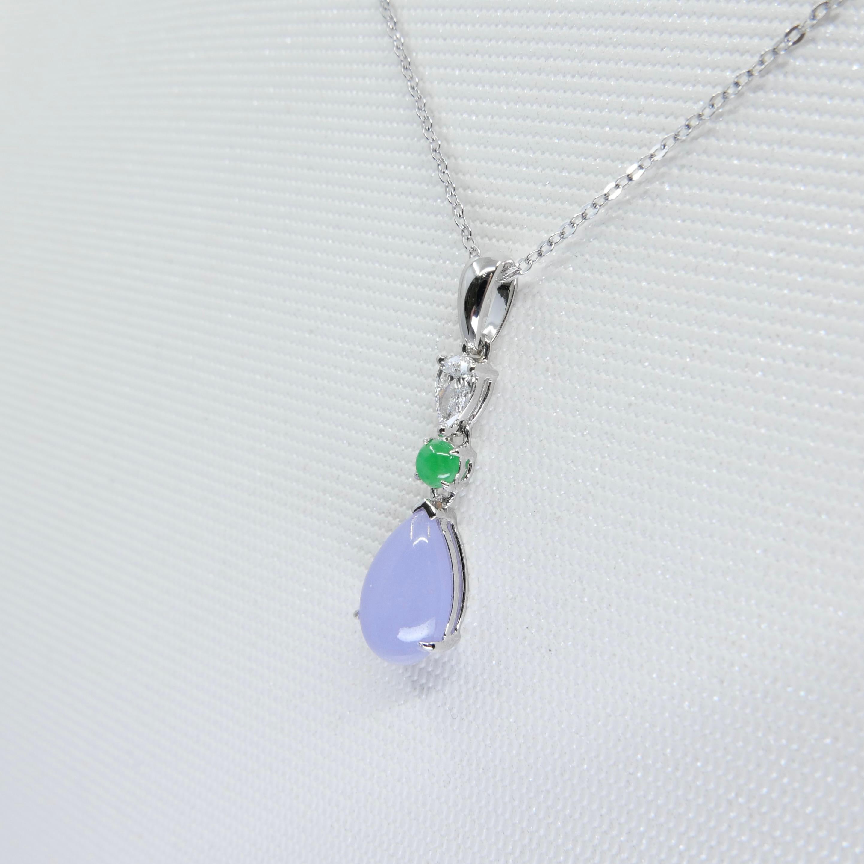 Certified 1.95 Carats Lavender Jade & Pear Cut Diamond Drop Pendant Necklace For Sale 4