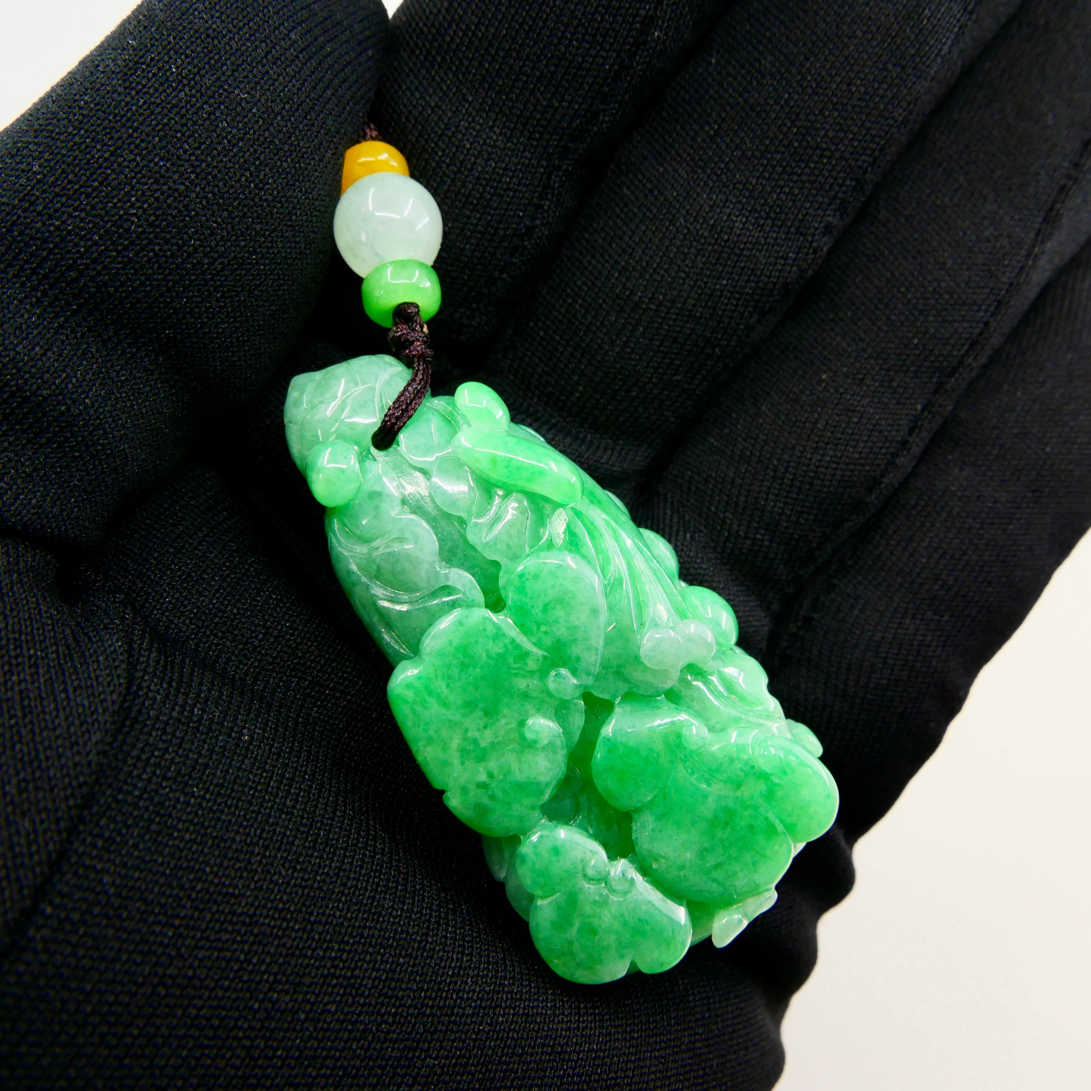 Certified 196.5cts Natural Apple Green Jadeite Jade Flower Pendant Necklace For Sale 6