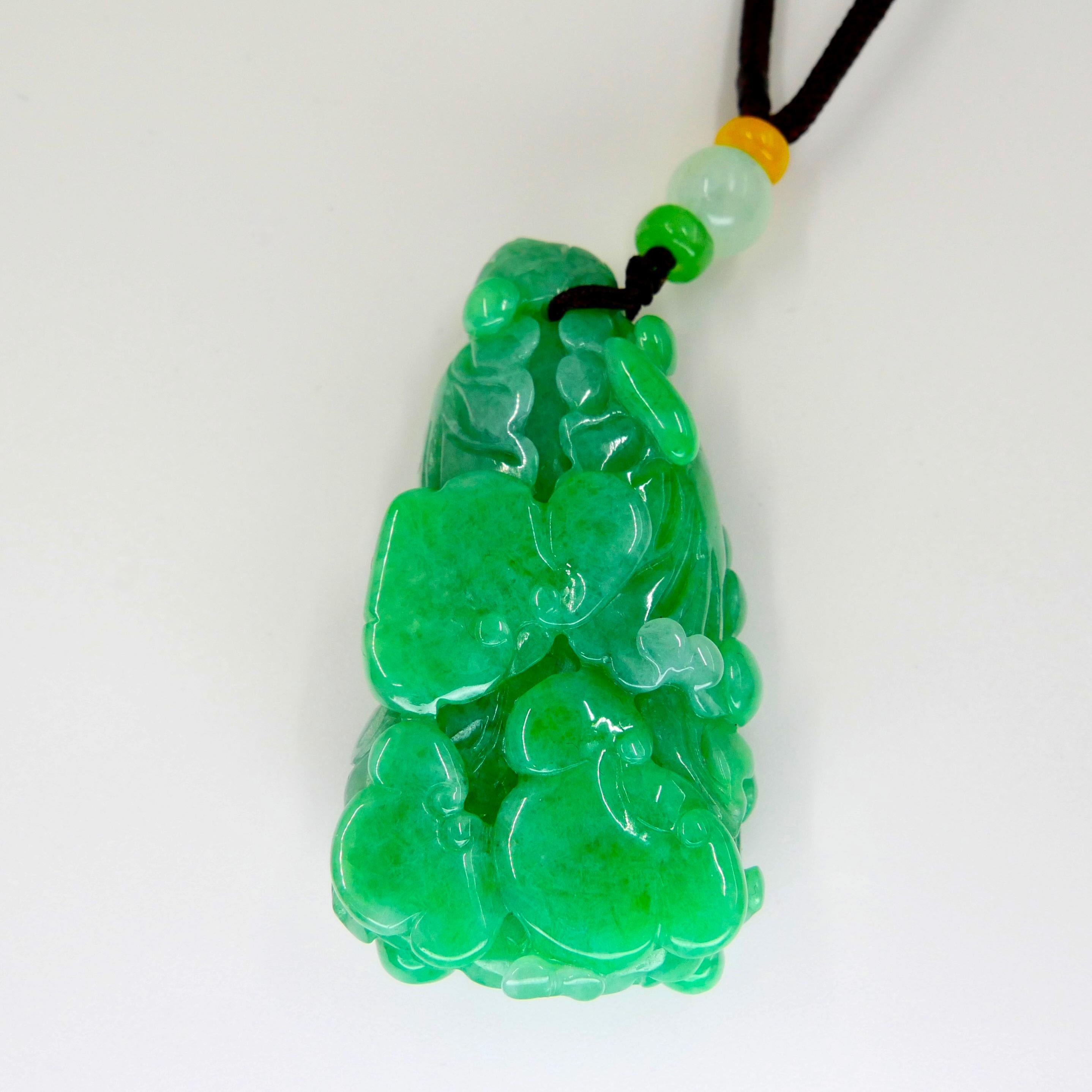 Certified 196.5cts Natural Apple Green Jadeite Jade Flower Pendant Necklace For Sale 8