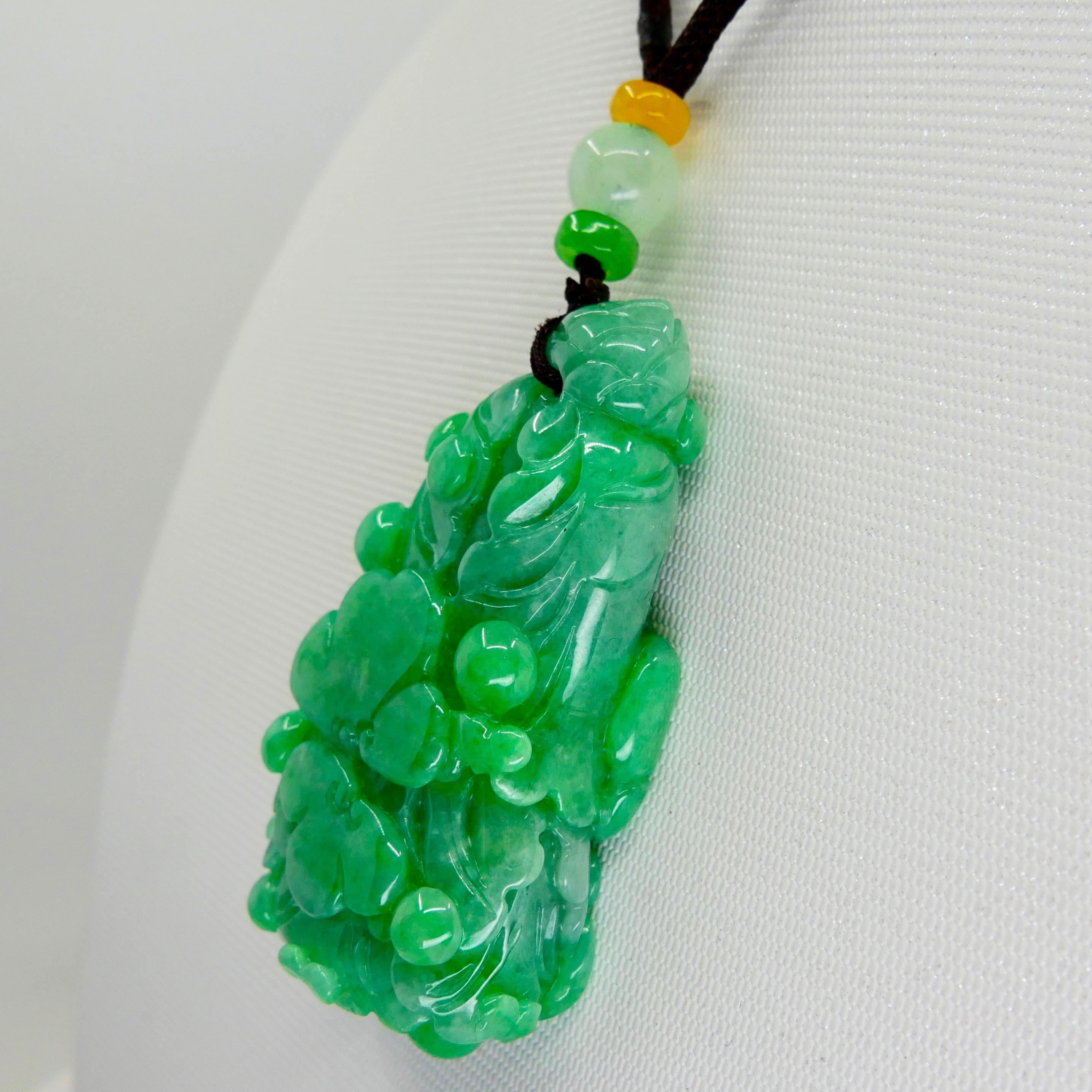 Certified 196.5cts Natural Apple Green Jadeite Jade Flower Pendant Necklace For Sale 4