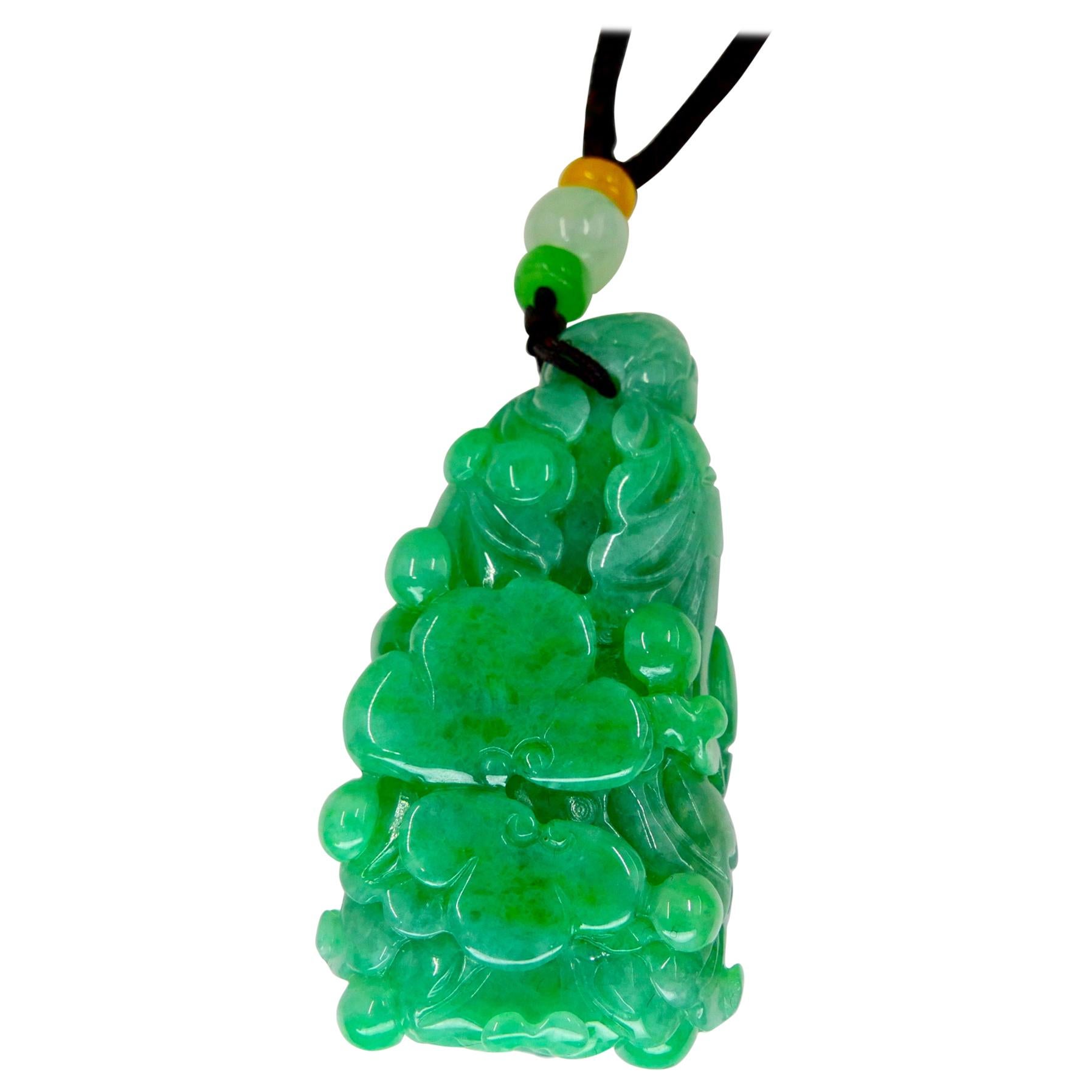Certified 196.5cts Natural Apple Green Jadeite Jade Flower Pendant Necklace For Sale 9