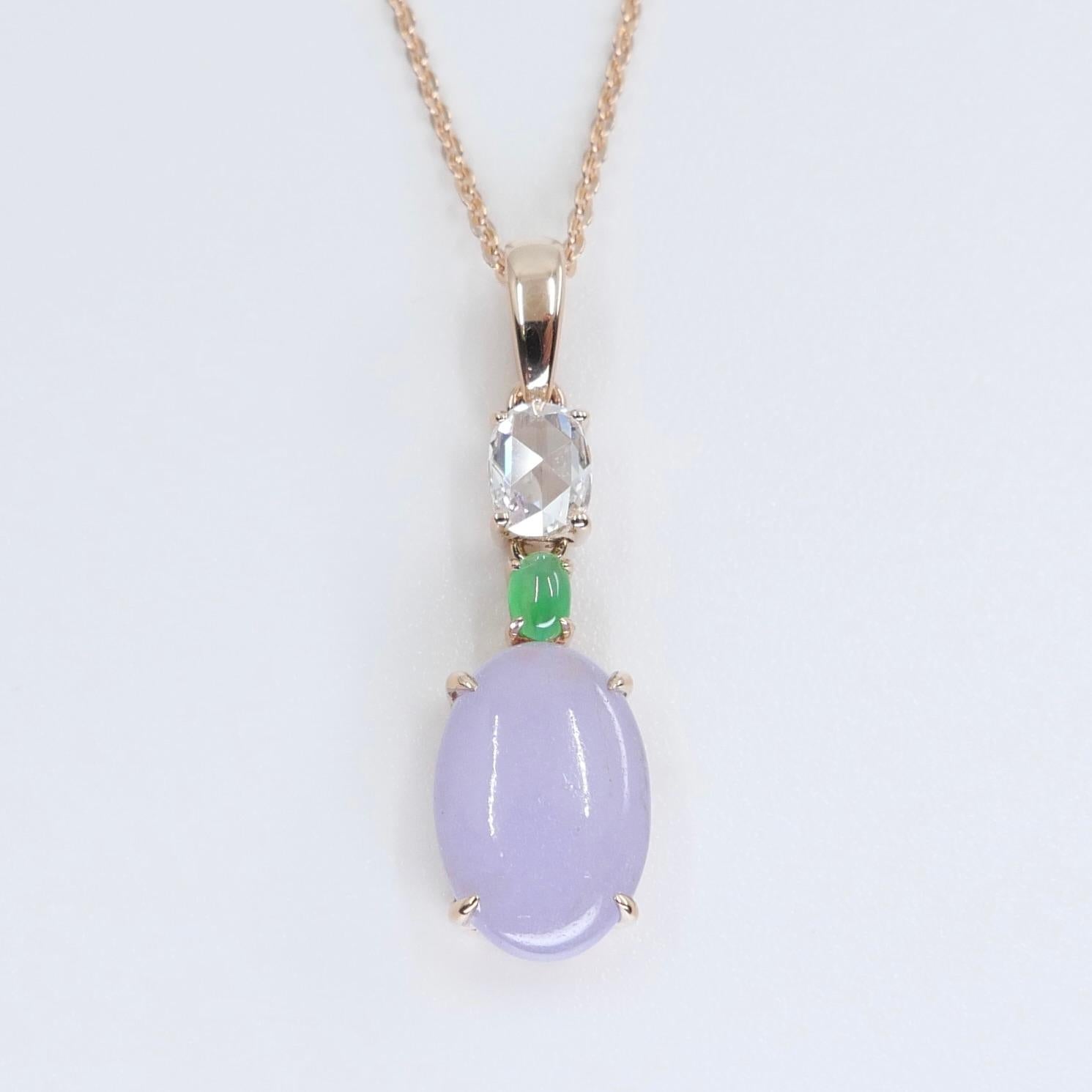 Certified 1.97Cts Lavender Jade & Rose Cut Diamond Drop Pendant Necklace For Sale 5