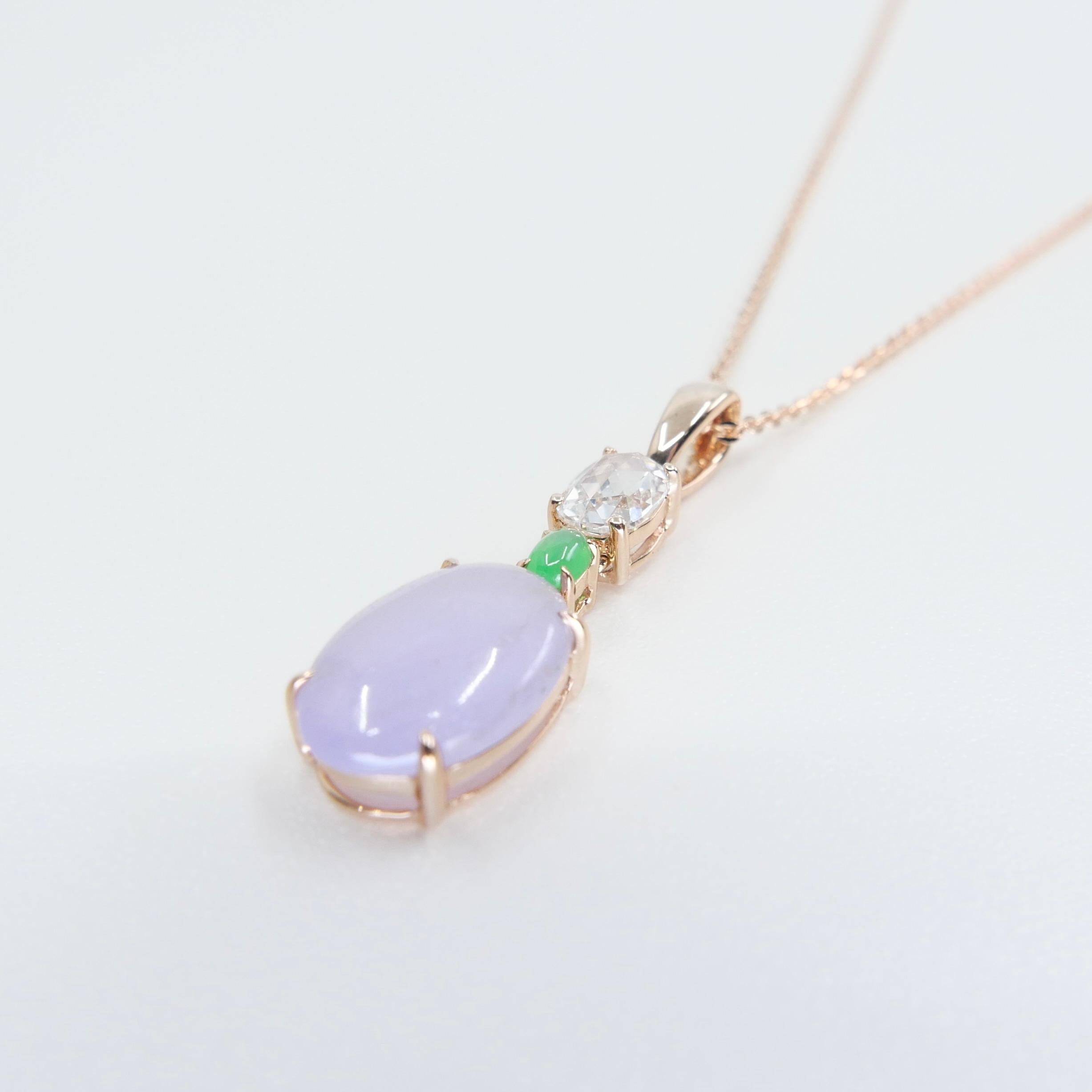 Certified 1.97Cts Lavender Jade & Rose Cut Diamond Drop Pendant Necklace For Sale 7