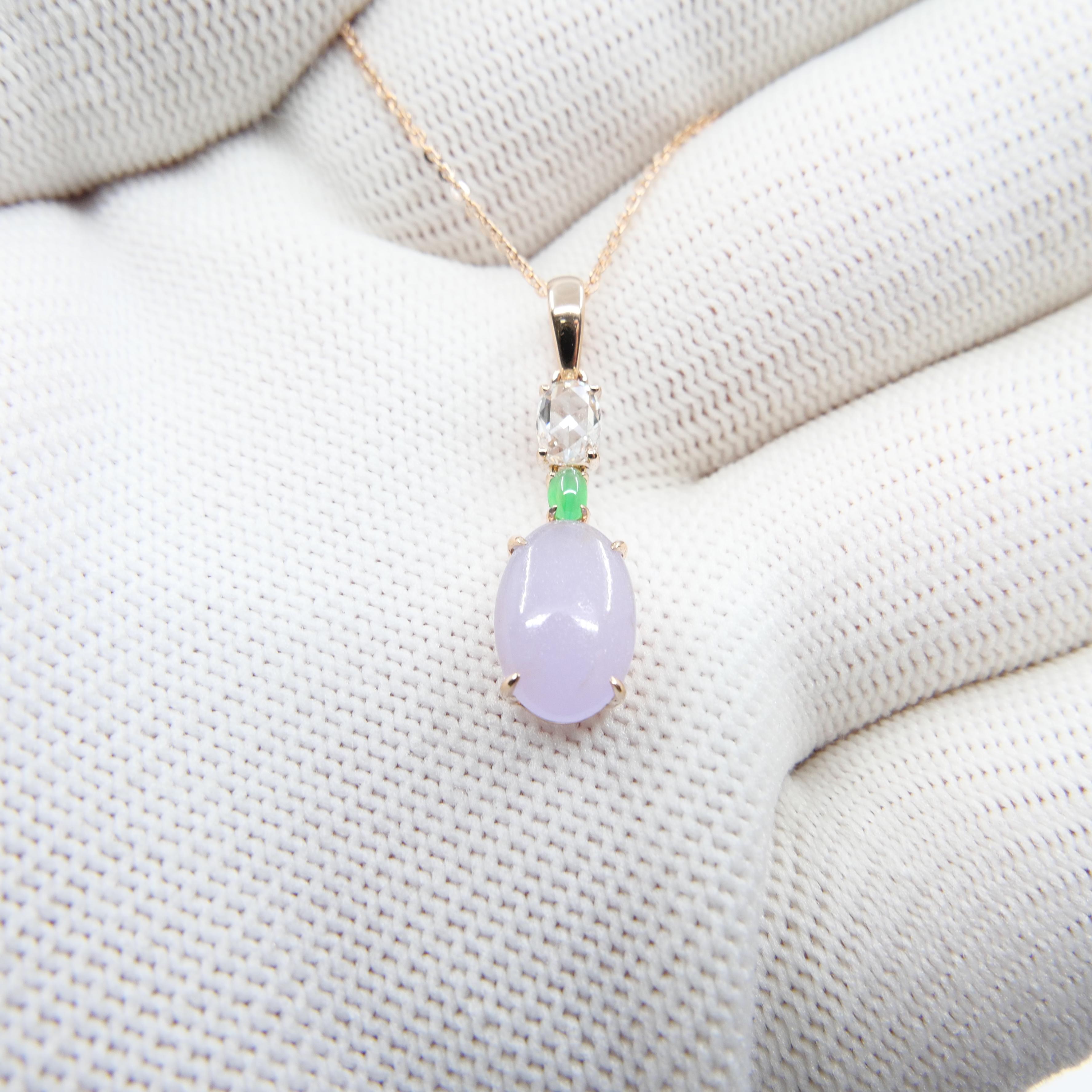 Cabochon Certified 1.97Cts Lavender Jade & Rose Cut Diamond Drop Pendant Necklace For Sale
