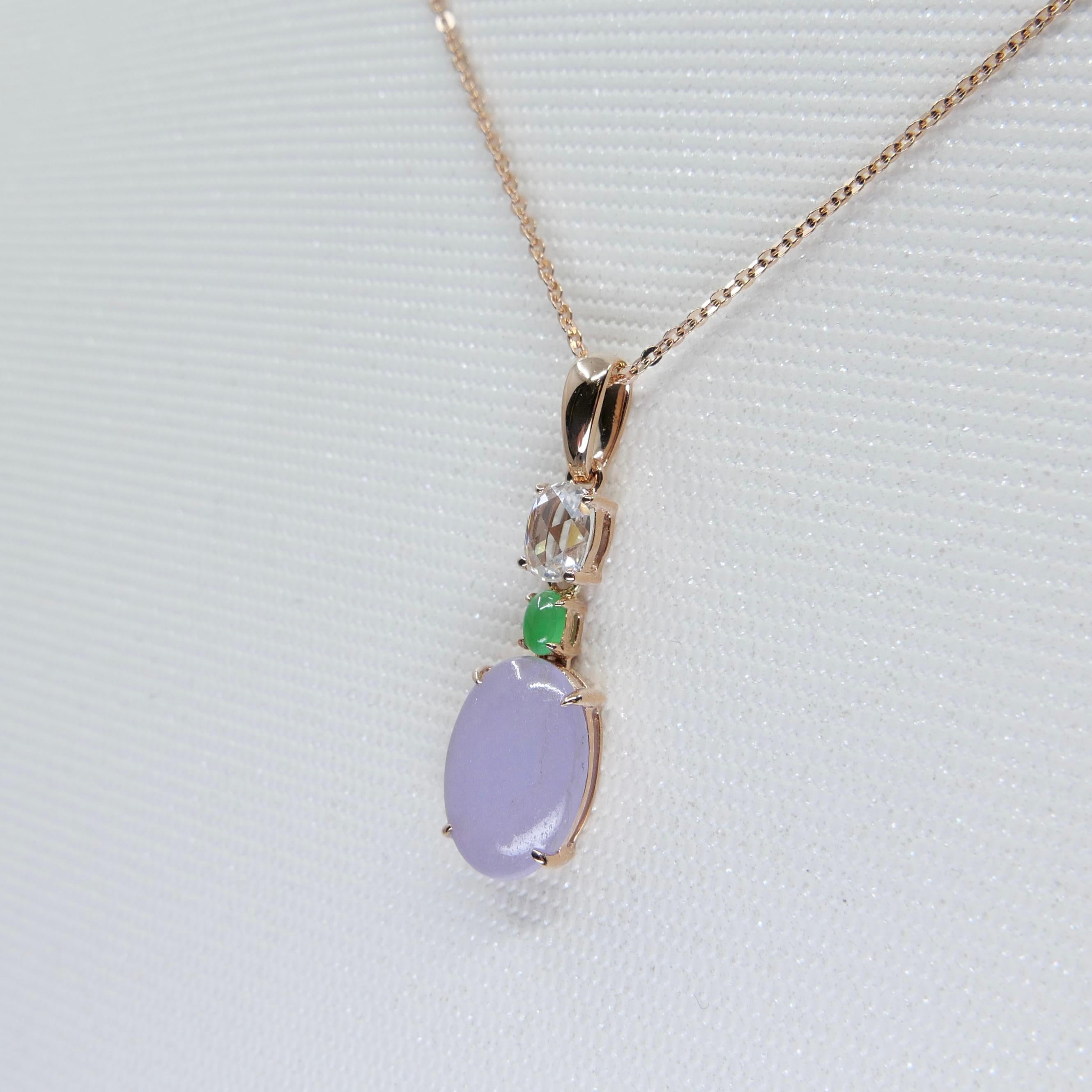 Certified 1.97Cts Lavender Jade & Rose Cut Diamond Drop Pendant Necklace For Sale 1