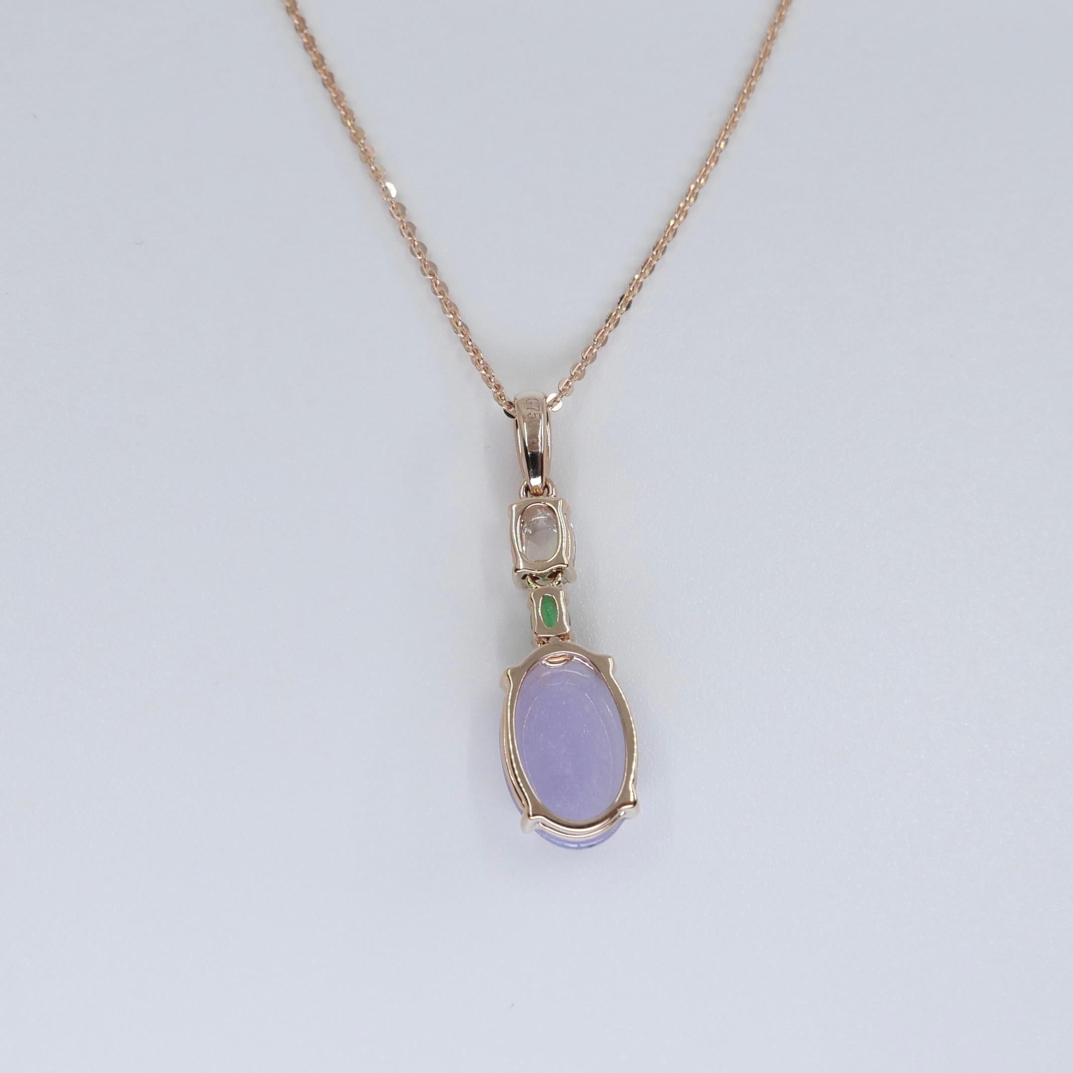 Certified 1.97Cts Lavender Jade & Rose Cut Diamond Drop Pendant Necklace For Sale 2