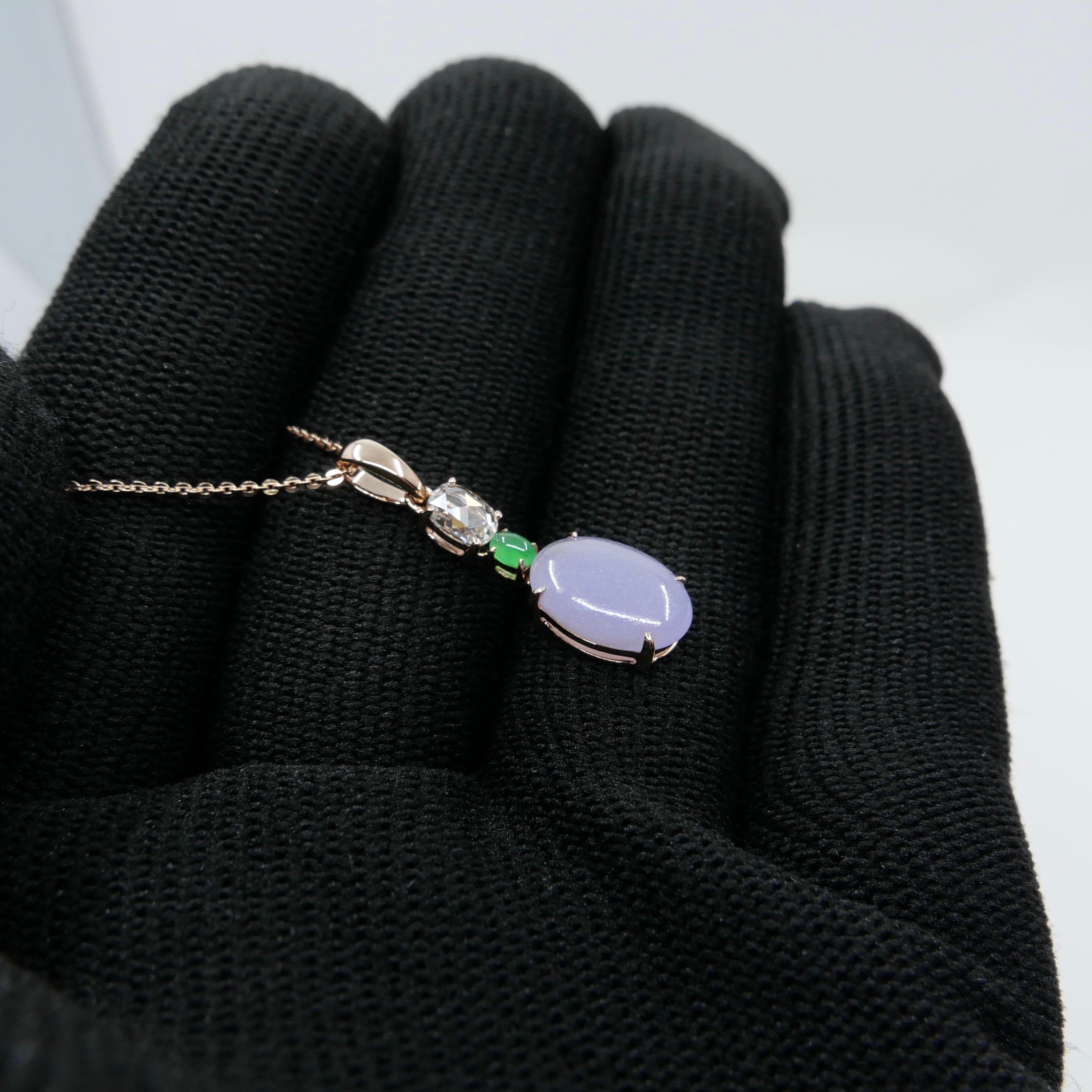 Certified 1.97Cts Lavender Jade & Rose Cut Diamond Drop Pendant Necklace For Sale 3