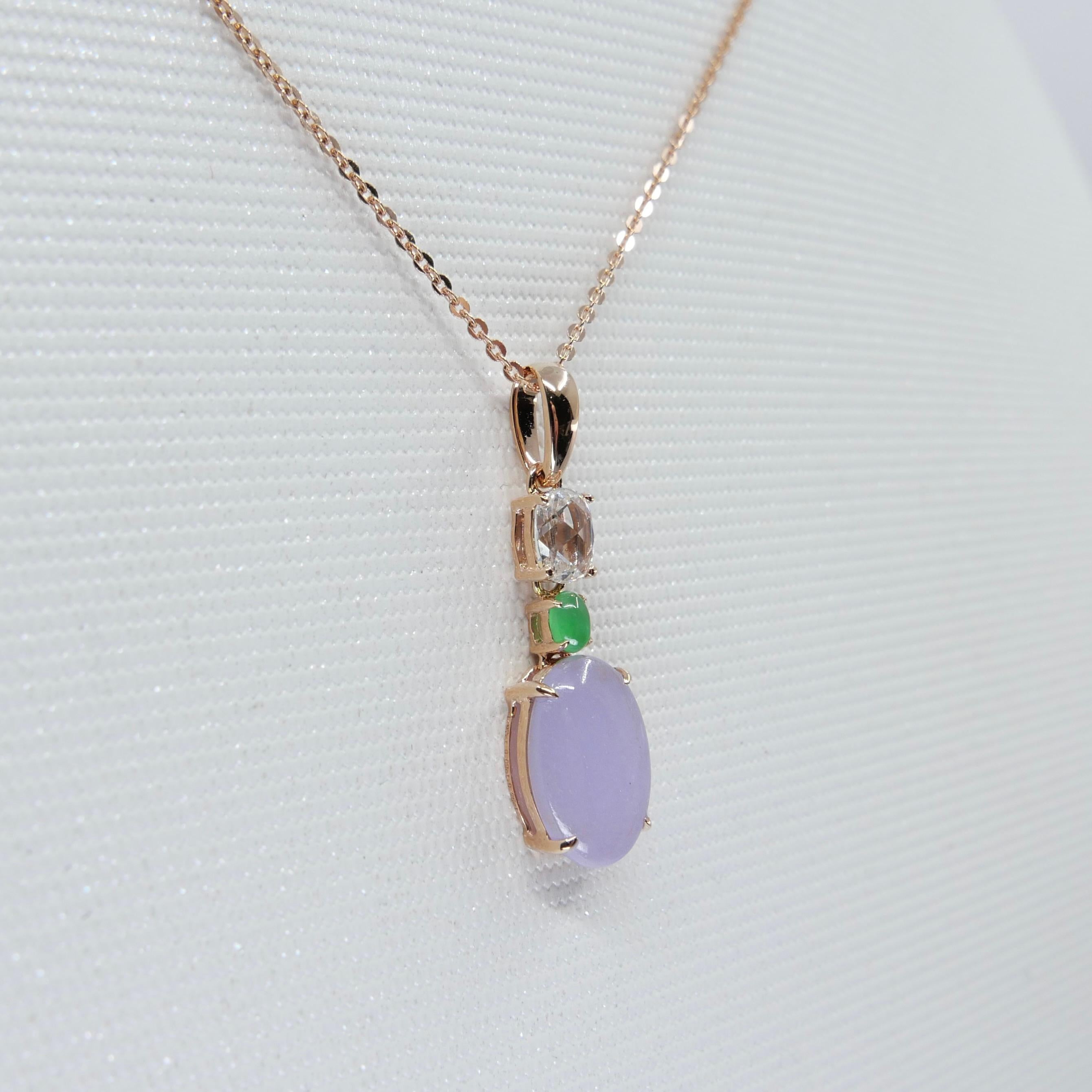Certified 1.97Cts Lavender Jade & Rose Cut Diamond Drop Pendant Necklace For Sale 4