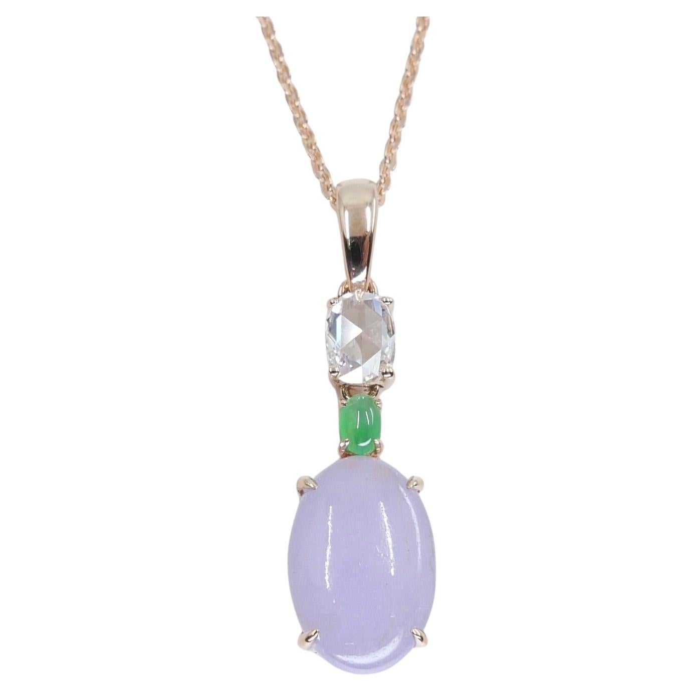 Certified 1.97Cts Lavender Jade & Rose Cut Diamond Drop Pendant Necklace For Sale