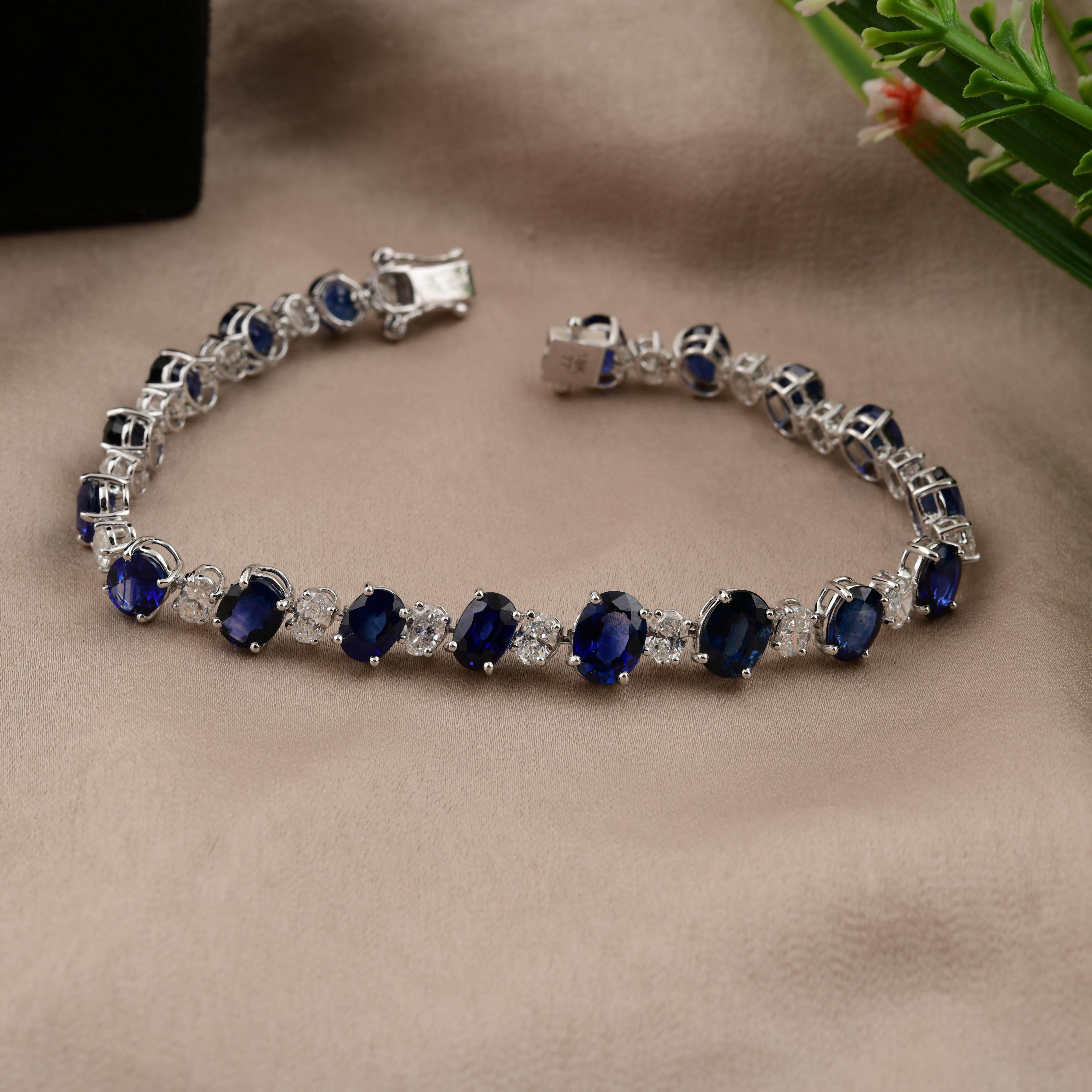 Art Déco Bracciale tennis certificato con diamanti e zaffiri blu da 19,80 CTW, oro bianco 18 carati in vendita