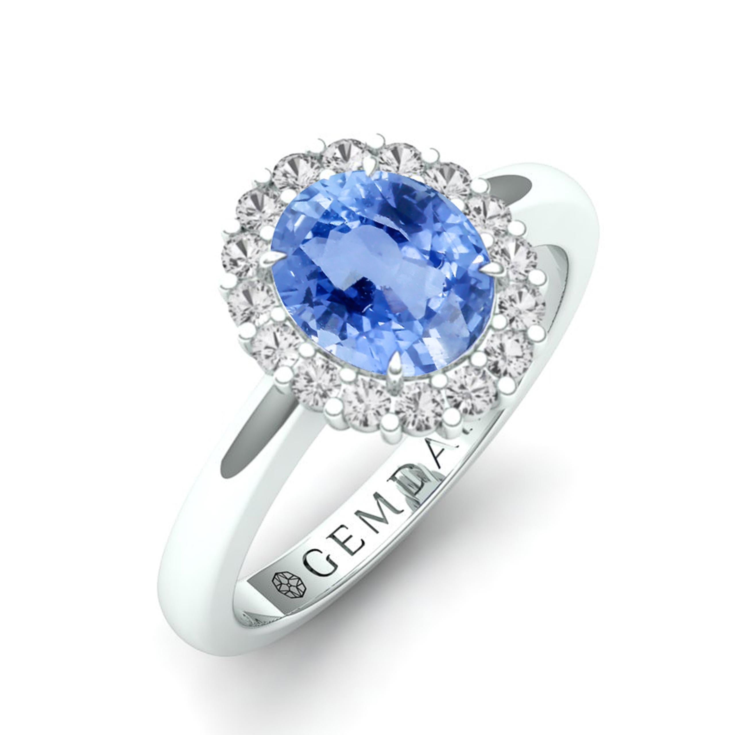 Modern Certified 2 Carat Ceylon Sapphire & Diamond Halo Ring 'Natural & Untreated' For Sale