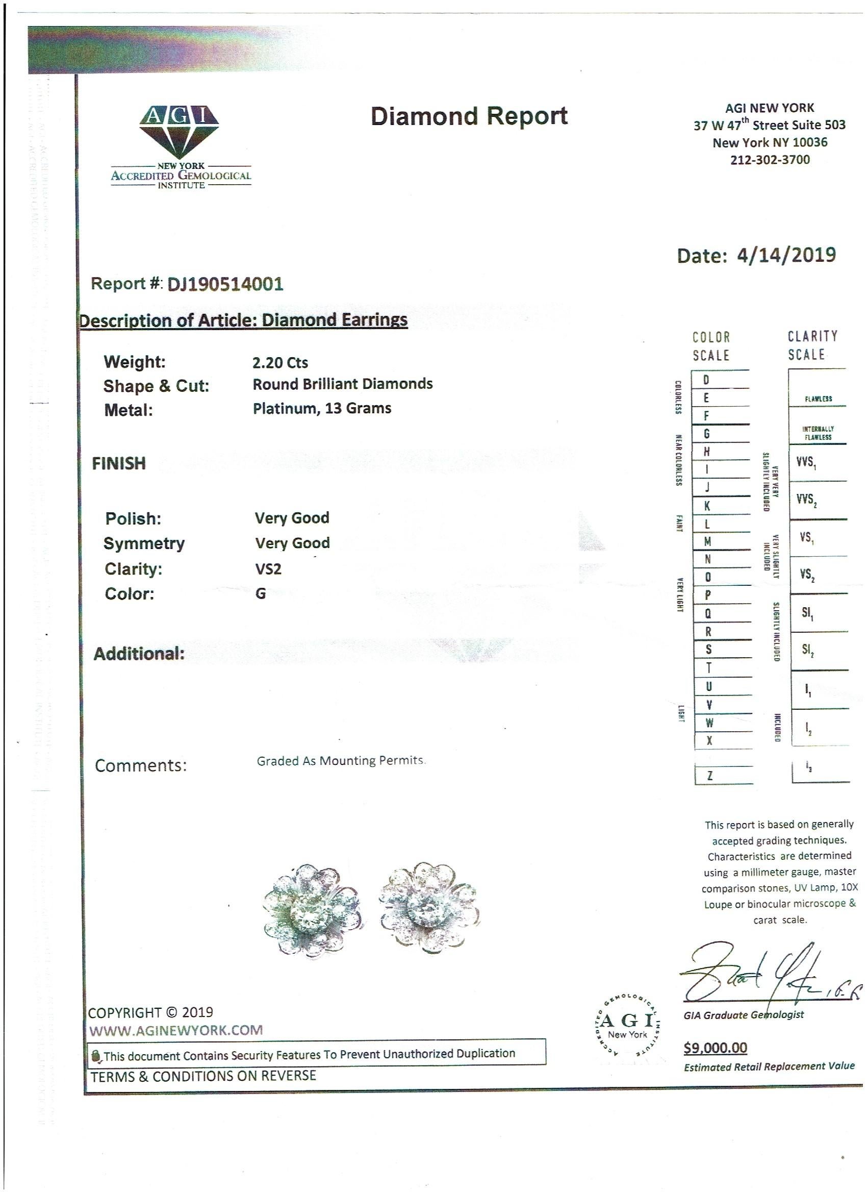 AGI Certified 2 Ct Diamond VS Quality Flower/Cluster Earring Platinum 0.7 Carat  For Sale 1