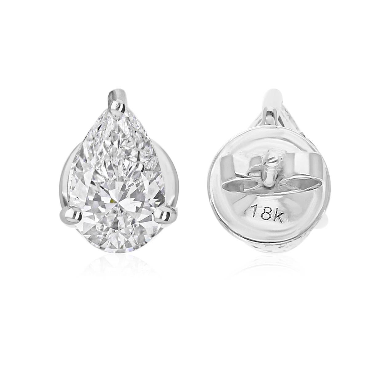Taglio a goccia Orecchini a perno minimalisti con solitario di diamanti certificati da 2 carati SI/HI in oro bianco 18k in vendita