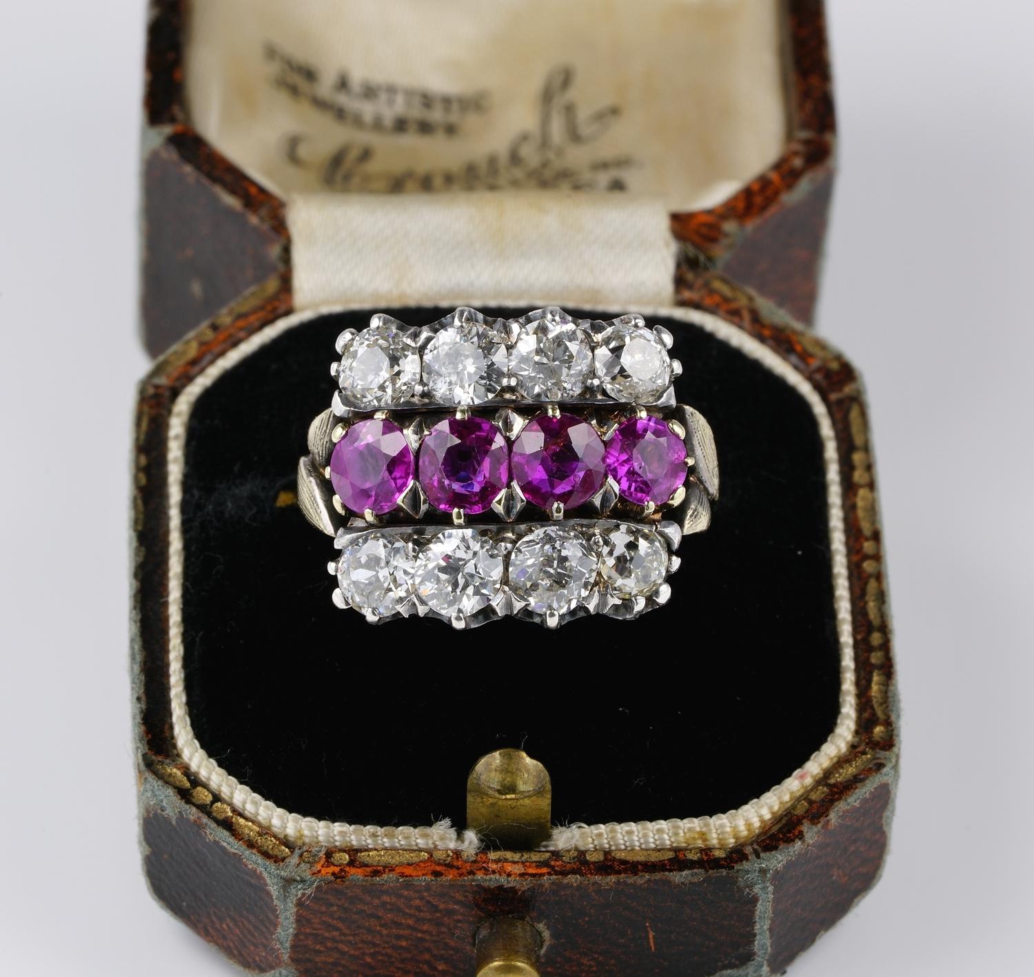 The rarest 

A large, exceptional and extremely beautiful Victorian cluster ring
Authentic 1860 ca, hand crafted as unique of solid 18 KT gold and Silver
Made to leave the viewer speechless!
Panel Crown is a rectangular composition made of three