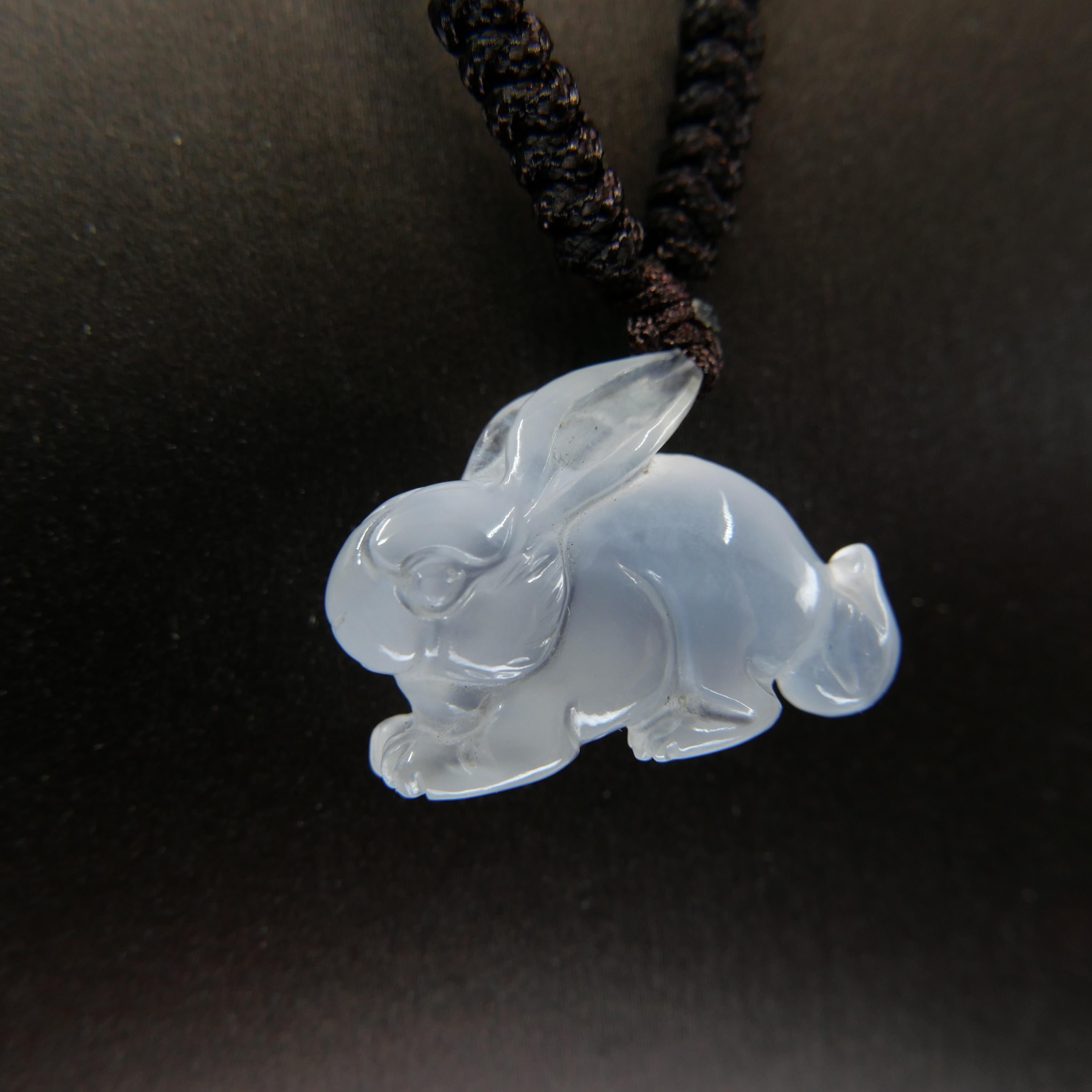 Certified 20 Carat Icy Jade Rabbit Pendant Necklace, Pure Ice, Beyond Special 2