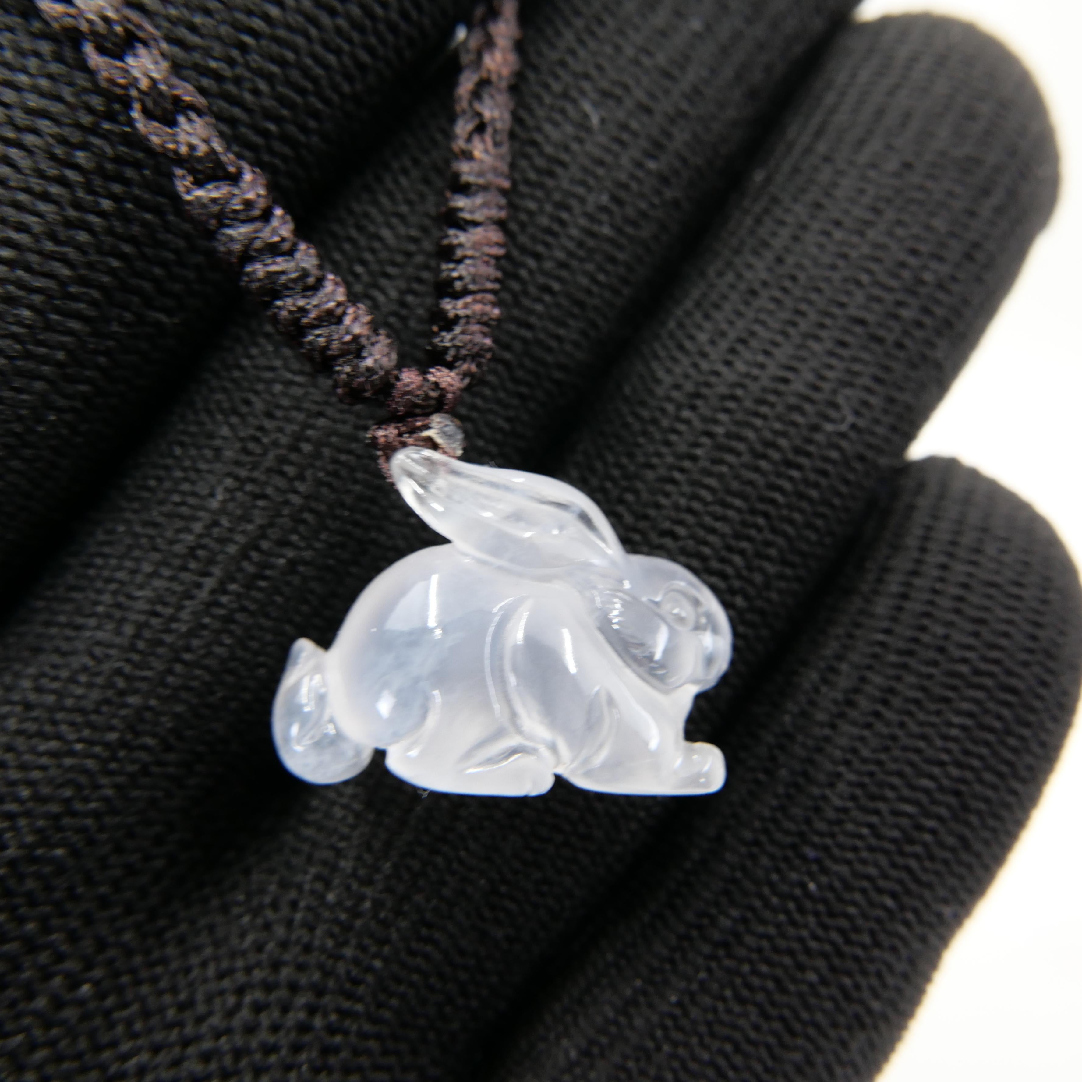 Rough Cut Certified 20 Carat Icy Jade Rabbit Pendant Necklace, Pure Ice, Beyond Special