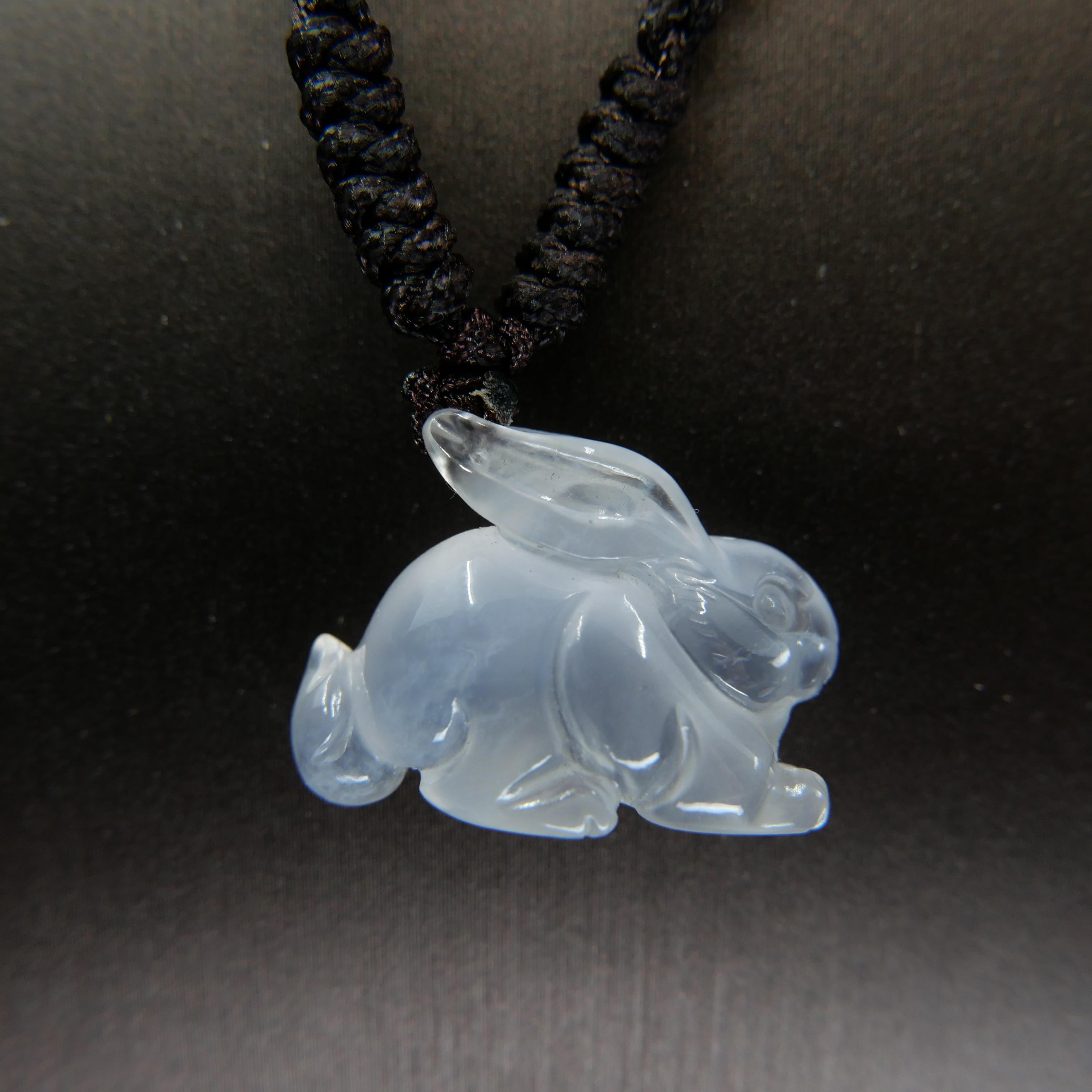 Women's or Men's Certified 20 Carat Icy Jade Rabbit Pendant Necklace, Pure Ice, Beyond Special