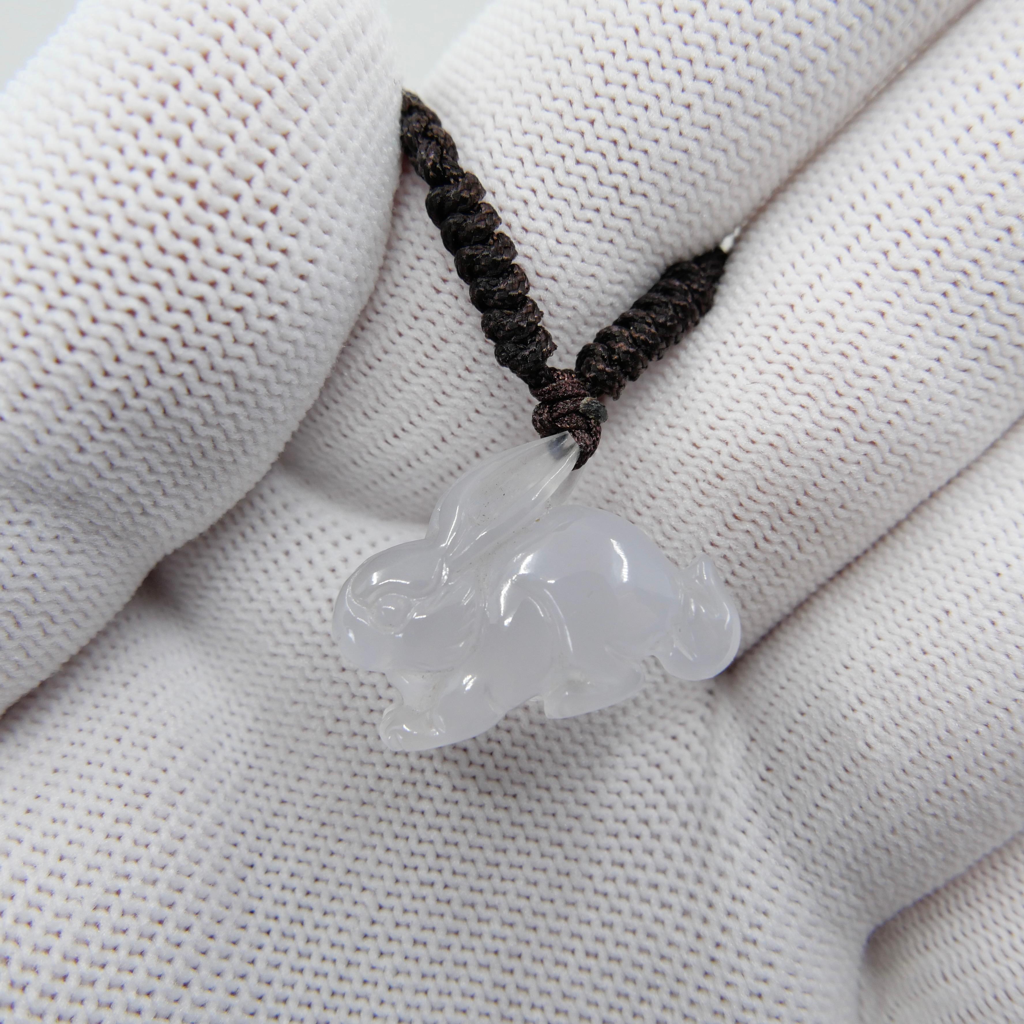 Certified 20 Carat Icy Jade Rabbit Pendant Necklace, Pure Ice, Beyond Special 1