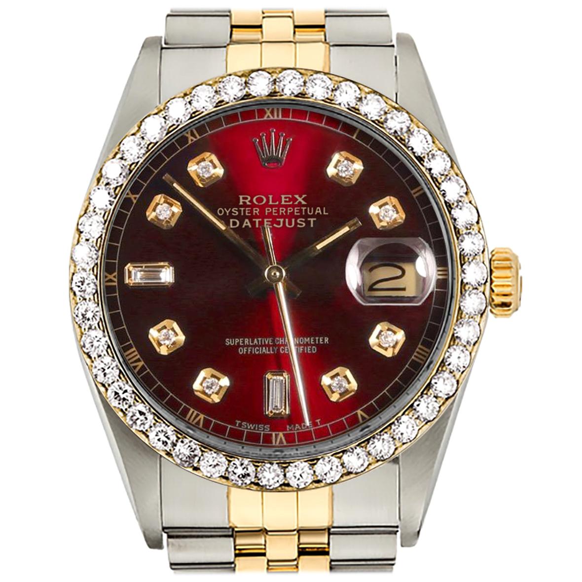 Certified 2.00 Carat Diamond Rolex Two-Tone 18K Gold Datejust Red Baguette Dial